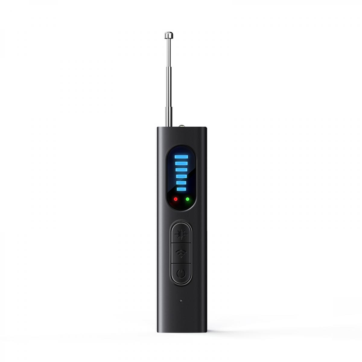 Schwarzes Gerät mit Antenne, Bildschirm mit blauen Balken und roten/grünen Lichtern. Knöpfe unten. Weißer Hintergrund.