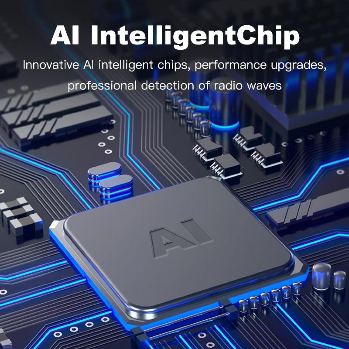 Nahaufnahme eines AI-Chips auf einer Leiterplatte mit blauen Neonlinien. Text lautet 'AI IntelligentChip' und Werbeinformationen.