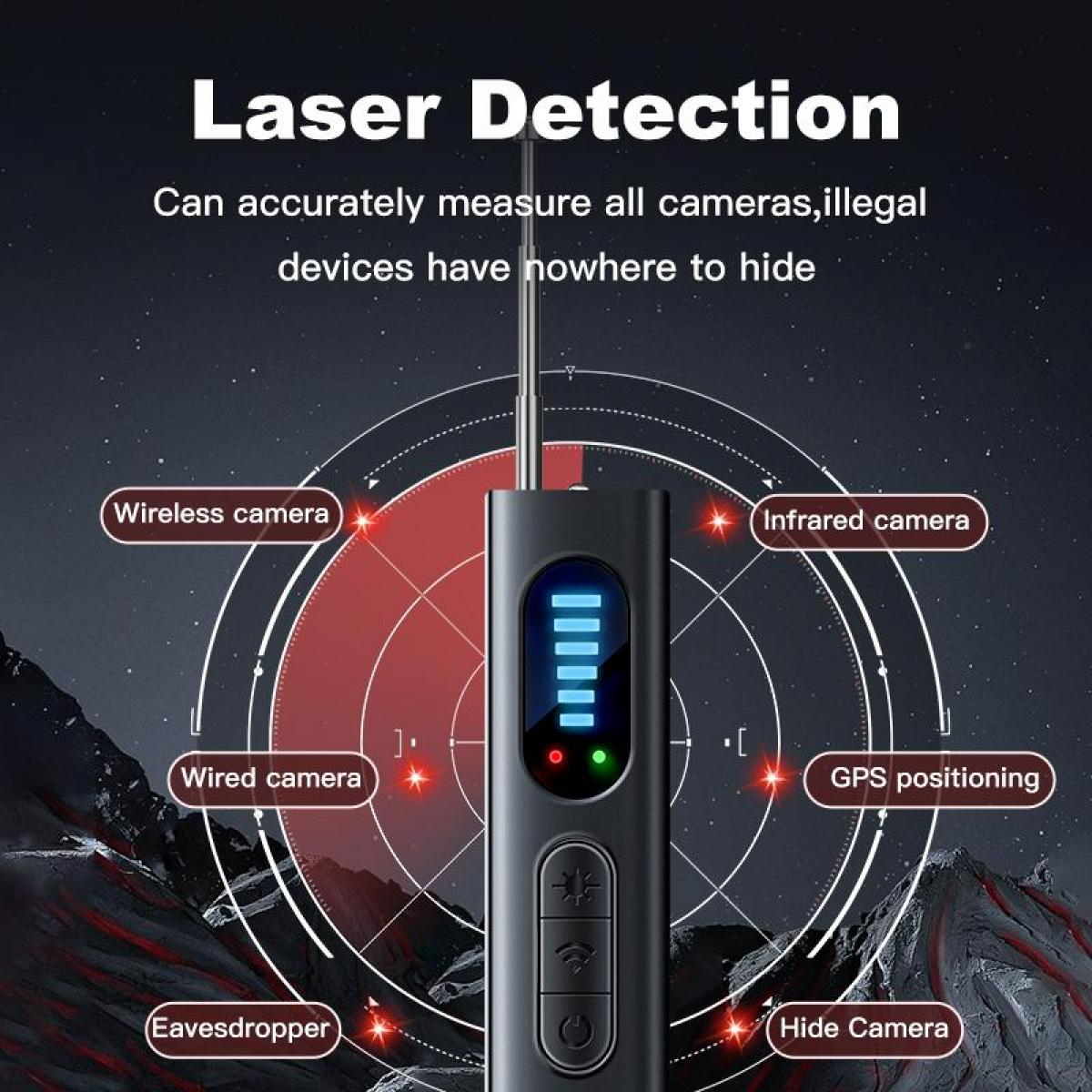 Ein schwarzes Laserdetektor mit blauem Licht, das verschiedene Überwachungsgeräte wie Kameras und Abhörgeräte erkennt.