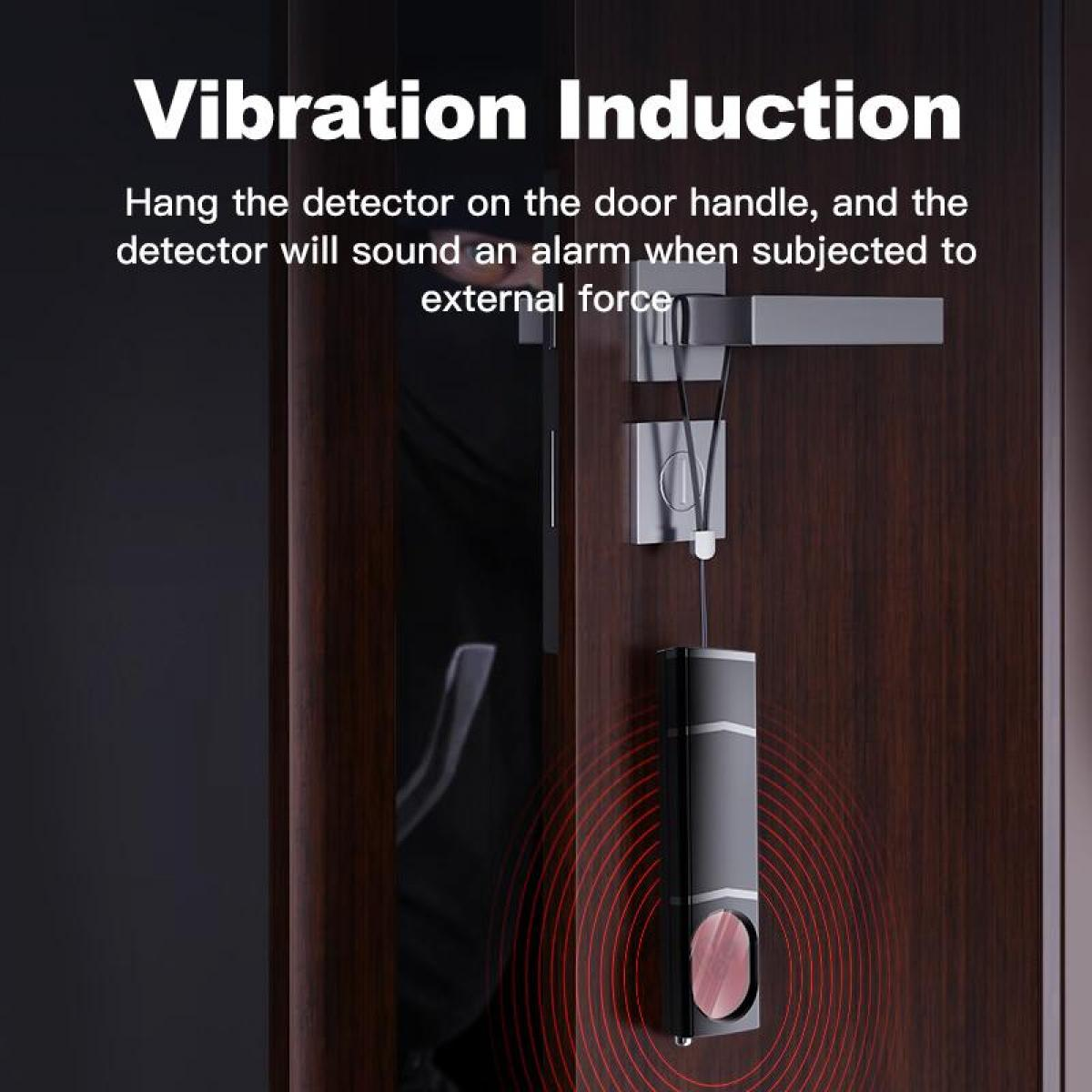 Ein Sicherheitsgerät hängt an einem hölzernen Türgriff. Das Gerät ist schwarz, mit roten Kreisen, die von ihm ausgehen. Ein Text liest sich 'Vibration Induction'.