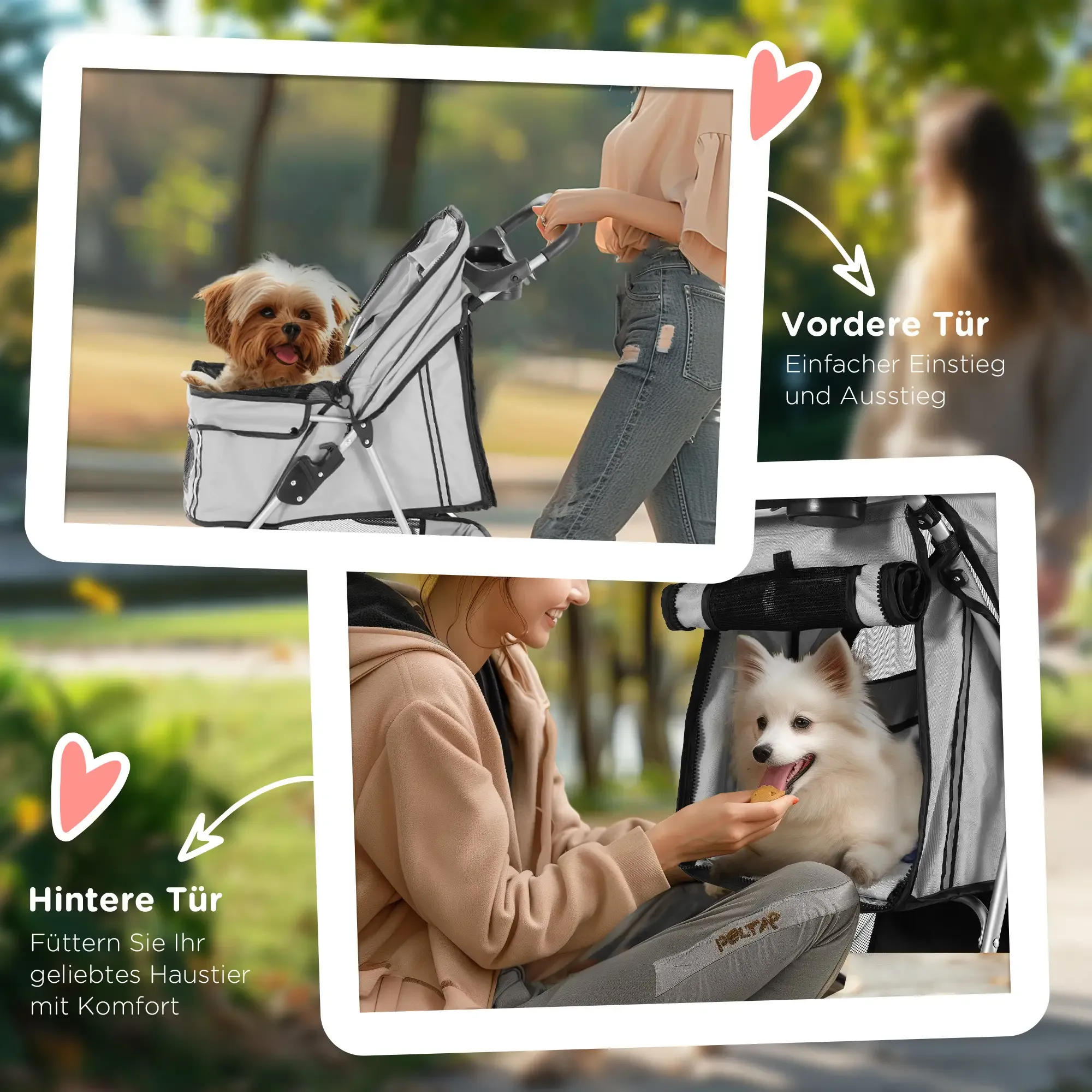 Zwei Hunde in Tierrollern, die von Personen geschoben werden. Ein Hund im Kinderwagen ist braun, der andere weiß. Der Hintergrund ist unscharf.