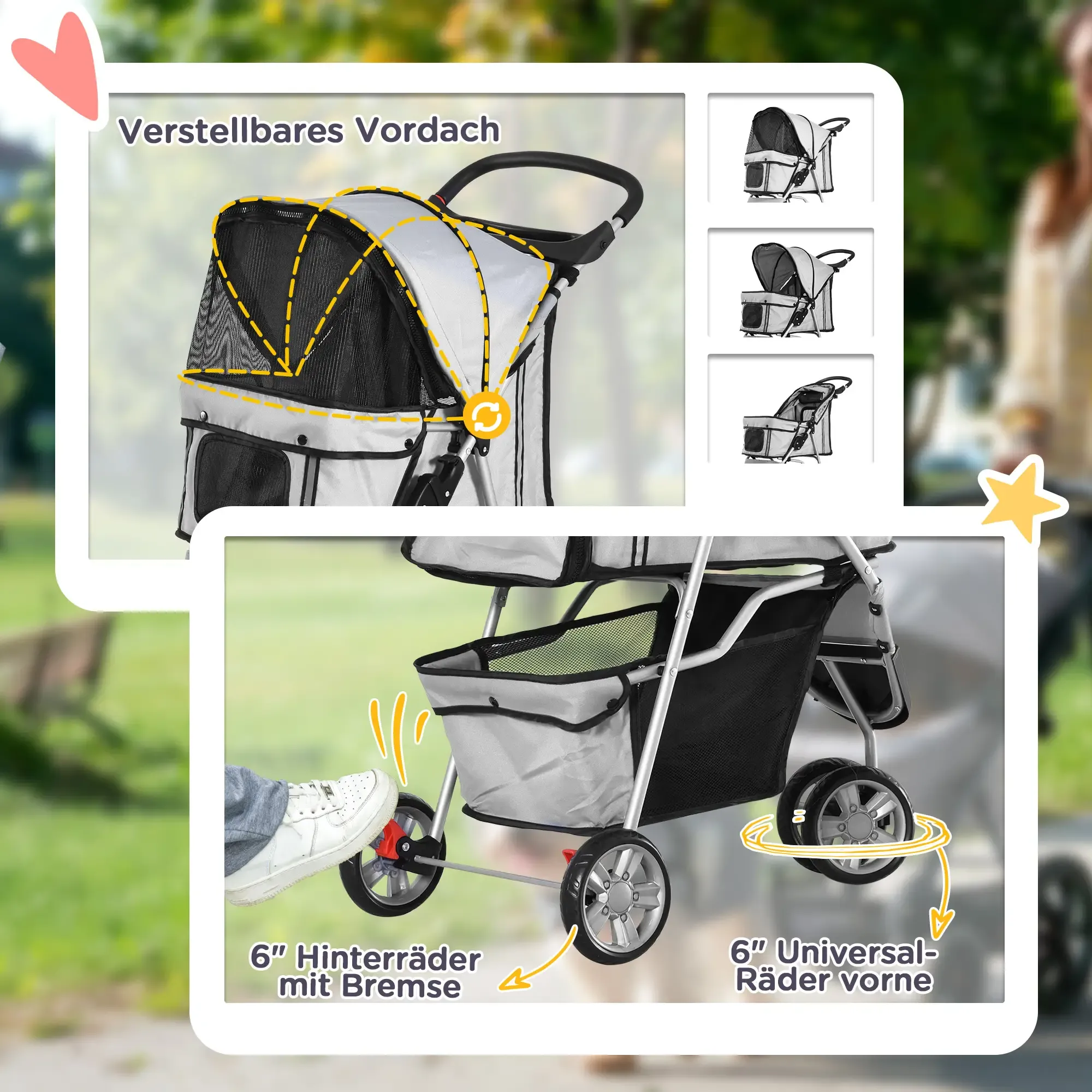 Ein Hunde-Kinderwagen mit verstellbarem Verdeck, Vorder- und Hinterrädern mit Bremsen und einem Fuß auf dem Bremspedal.