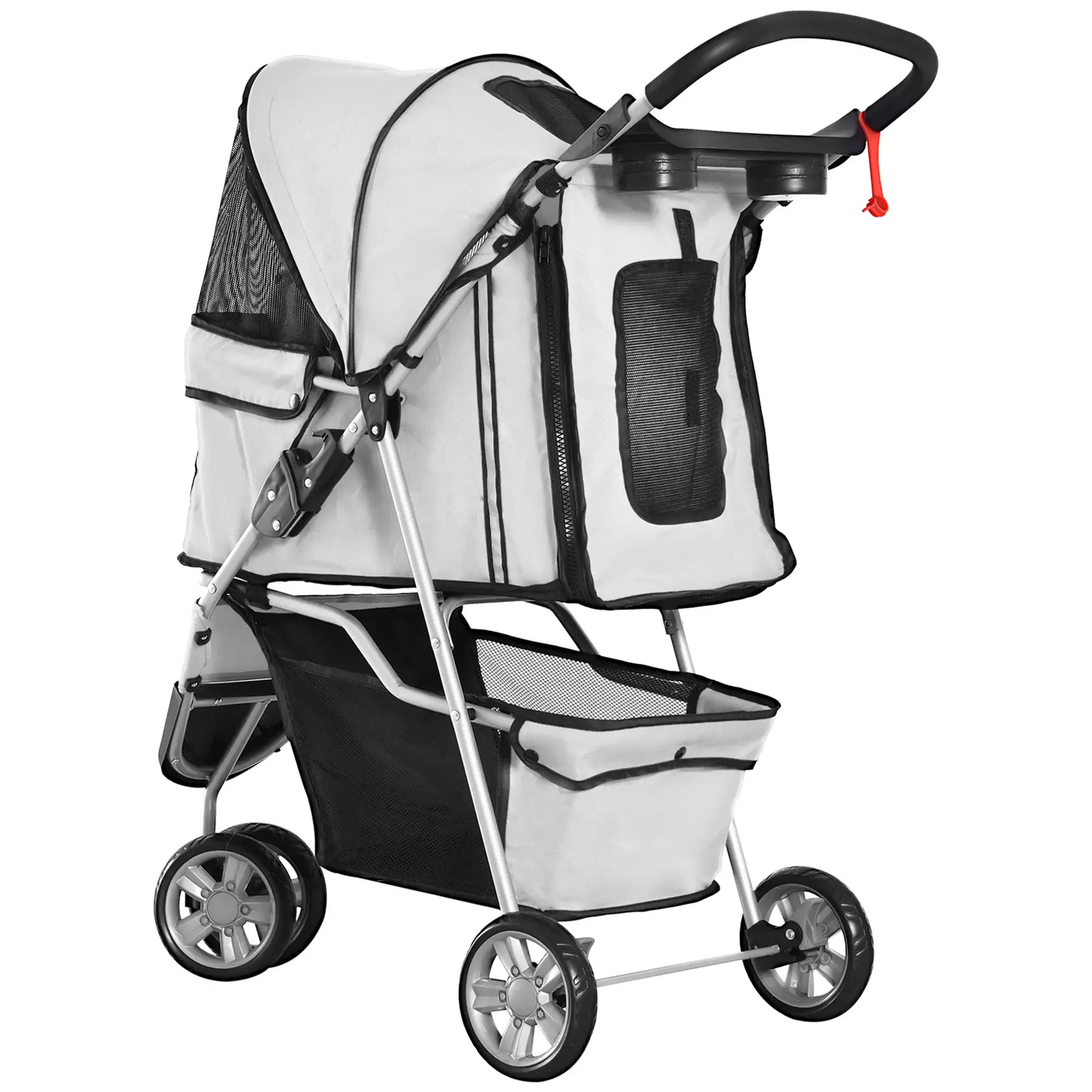 Ein weiß-schwarzer Haustier-Kinderwagen mit Verdeck und Aufbewahrungskorb. Er hat vier Räder und einen Griff.