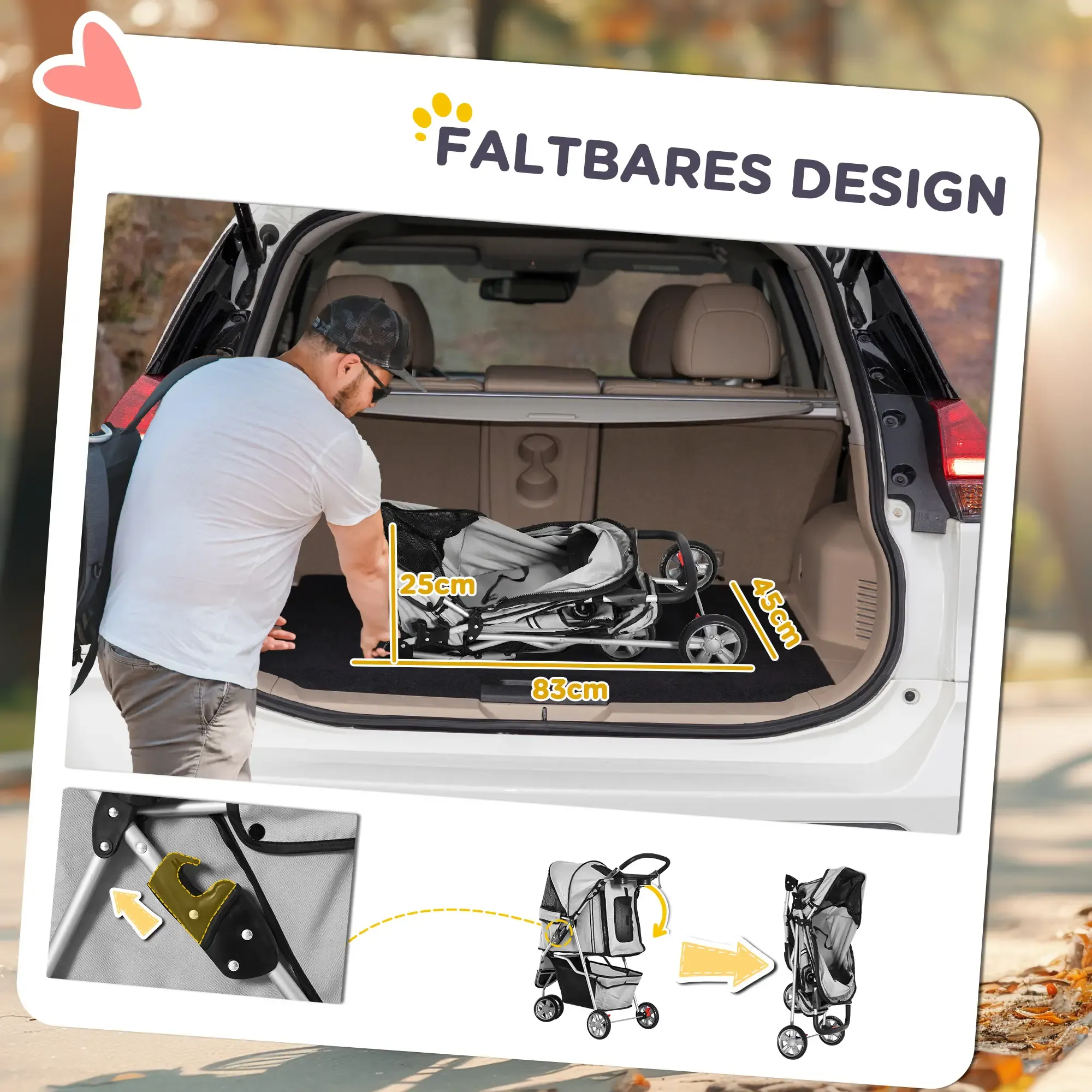 Ein Mann legt einen zusammengeklappten Kinderwagen in einen Kofferraum. Abmessungen sind angegeben. Faltbares Design ist geschrieben.