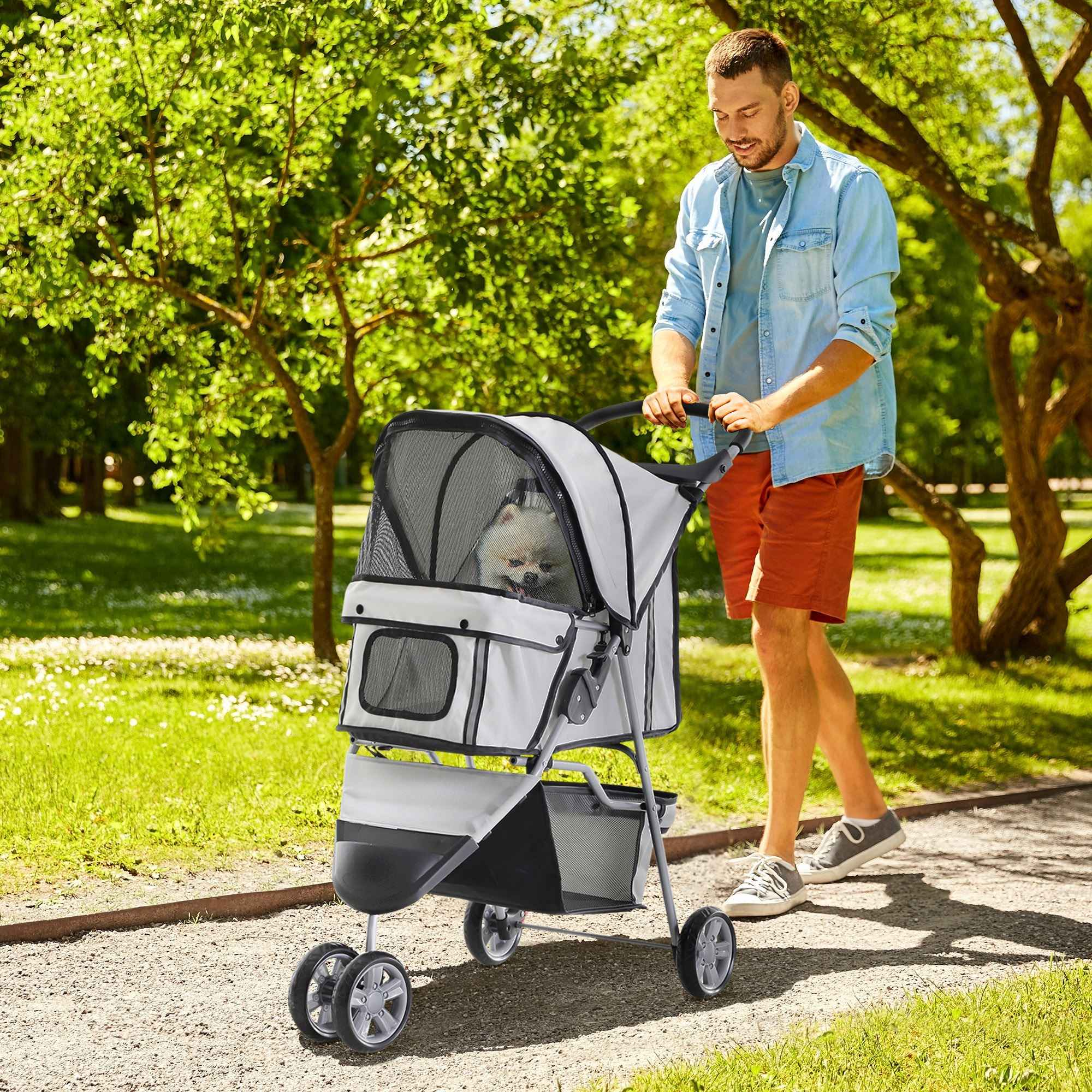 Ein Mann geht mit einem Hund in einem Kinderwagen in einem Park spazieren. Der Hund ist im Kinderwagen. Die Szene ist sonnig.