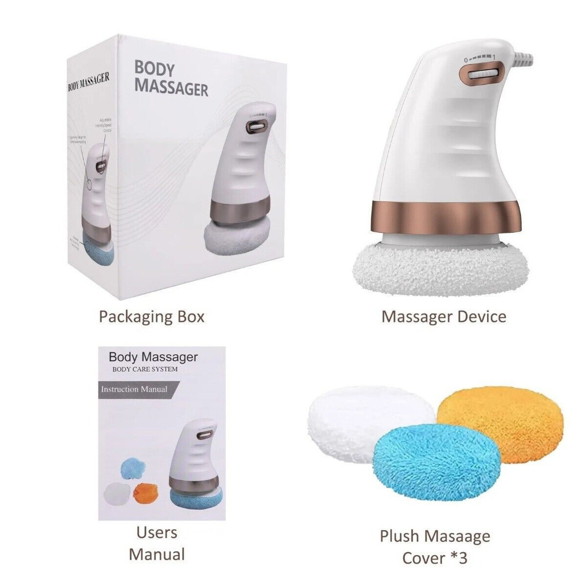 Das Bild zeigt ein Körpermassagegerät mit Verpackung, Benutzerhandbuch und drei Plüschmassagebezügen.