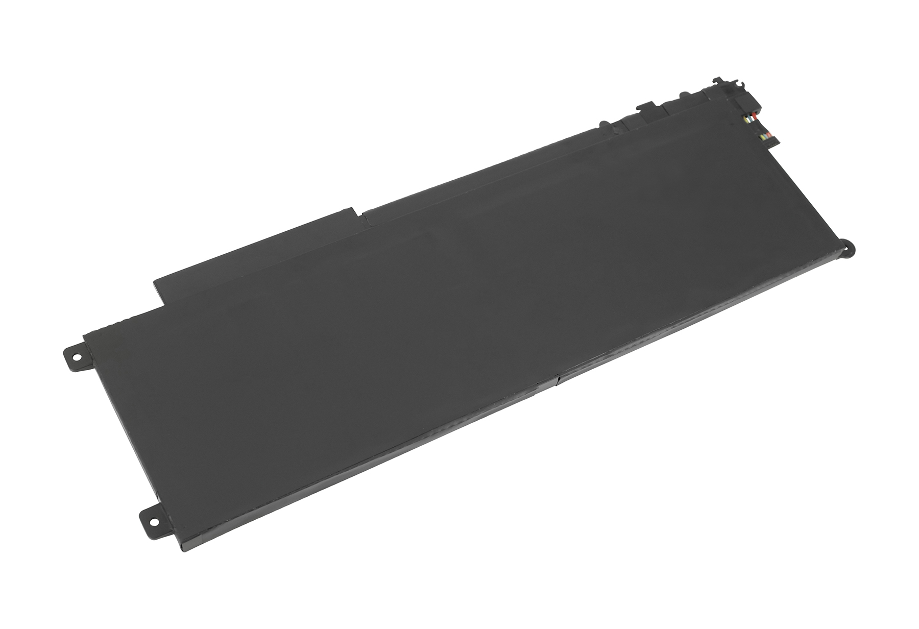Ein schwarzer Laptop-Akku mit rechteckiger Form, isoliert auf weißem Hintergrund. Es hat Anschlüsse und Schraubenlöcher.