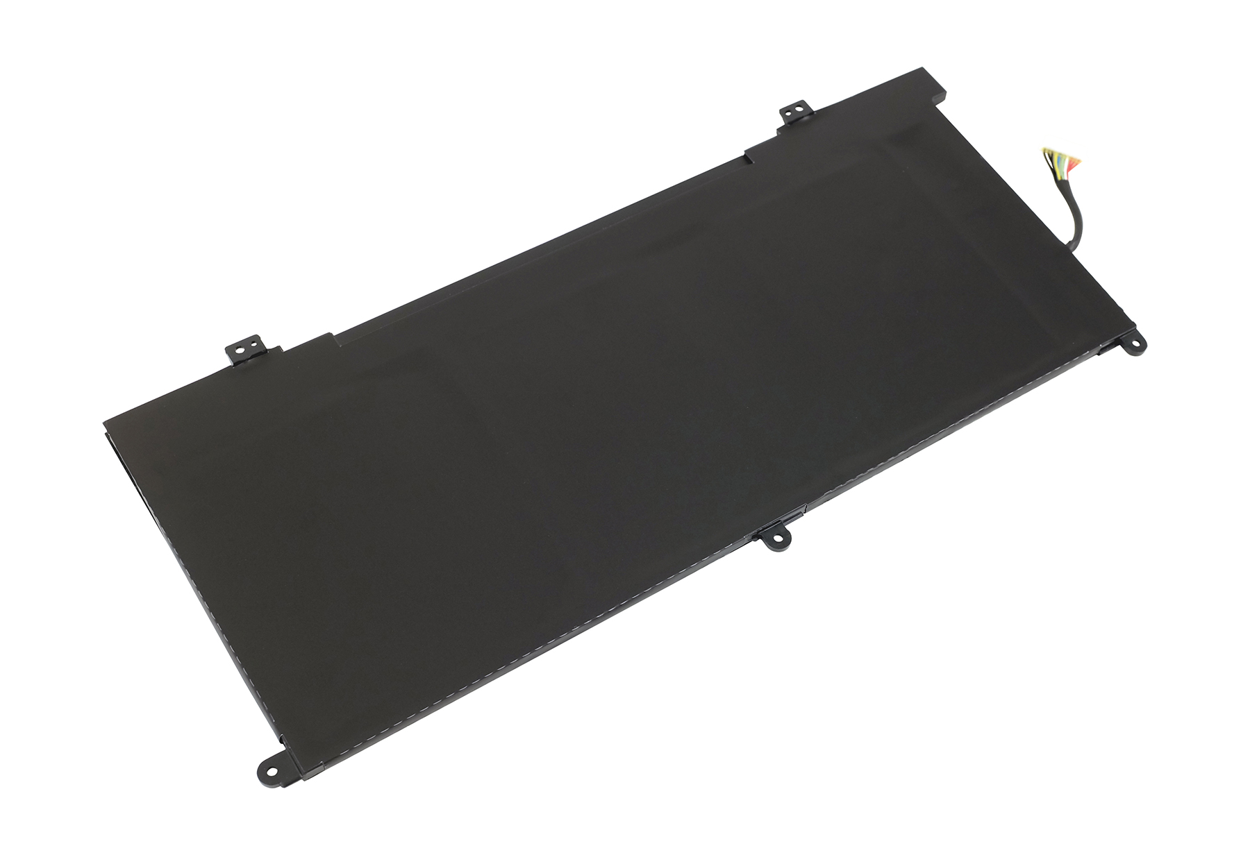 Ein schwarzer Laptop-Akku auf weißem Untergrund. Er hat eine rechteckige Form mit Anschlüssen an einer Seite.