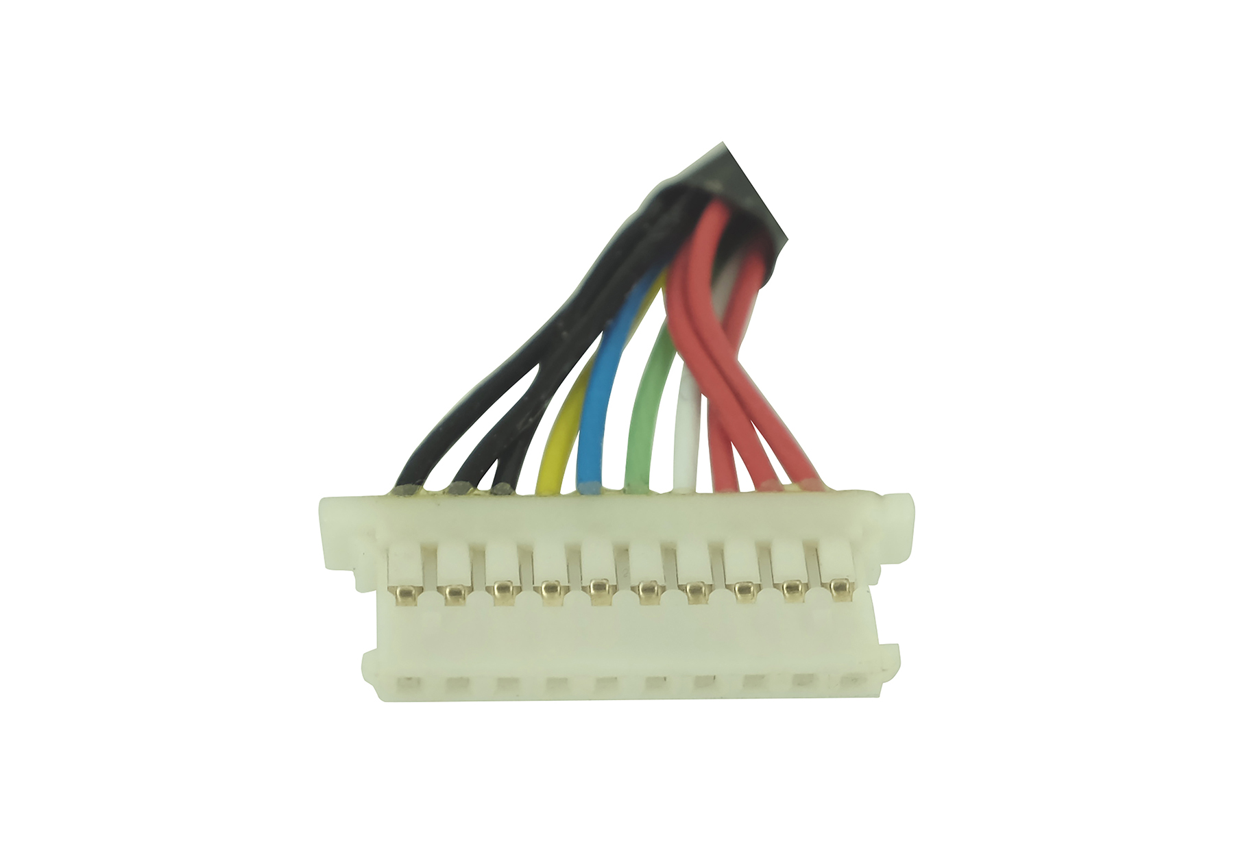 Ein weißer Stecker mit mehreren farbigen Drähten: schwarz, gelb, blau, grün, rot und weiß. Drähte kommen aus einer schwarzen Basis.
