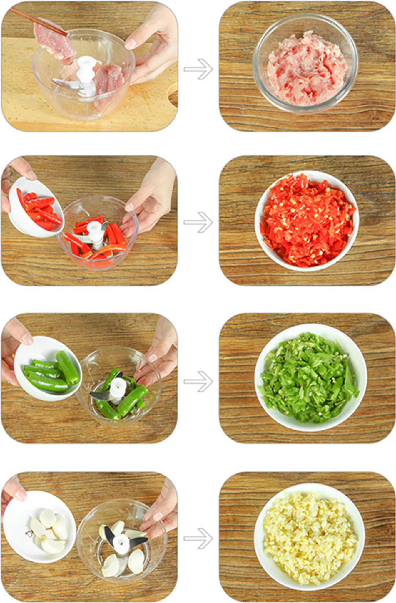 Das Bild zeigt die Verarbeitungsschritte von Lebensmitteln: Fleisch, dann gehackt; rote Paprika, dann gehackt; grüne Paprika, dann gehackt; Knoblauch, dann gehackt.