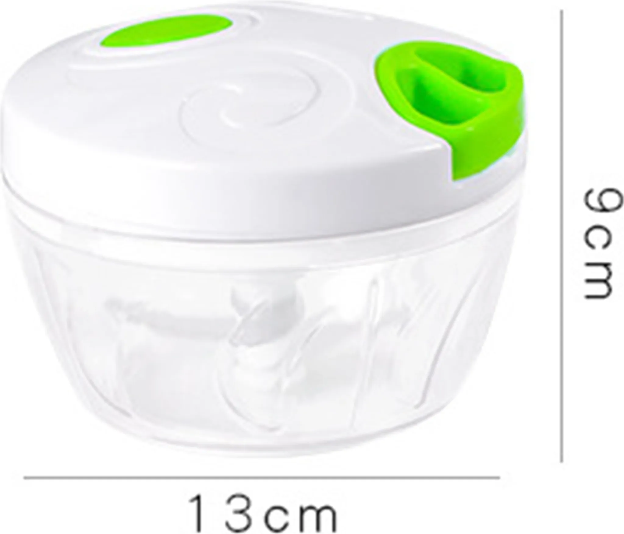 Ein manueller Zerkleinerer. Er ist weiß mit grünen Akzenten. Die Abmessungen sind 13 cm x 9 cm.