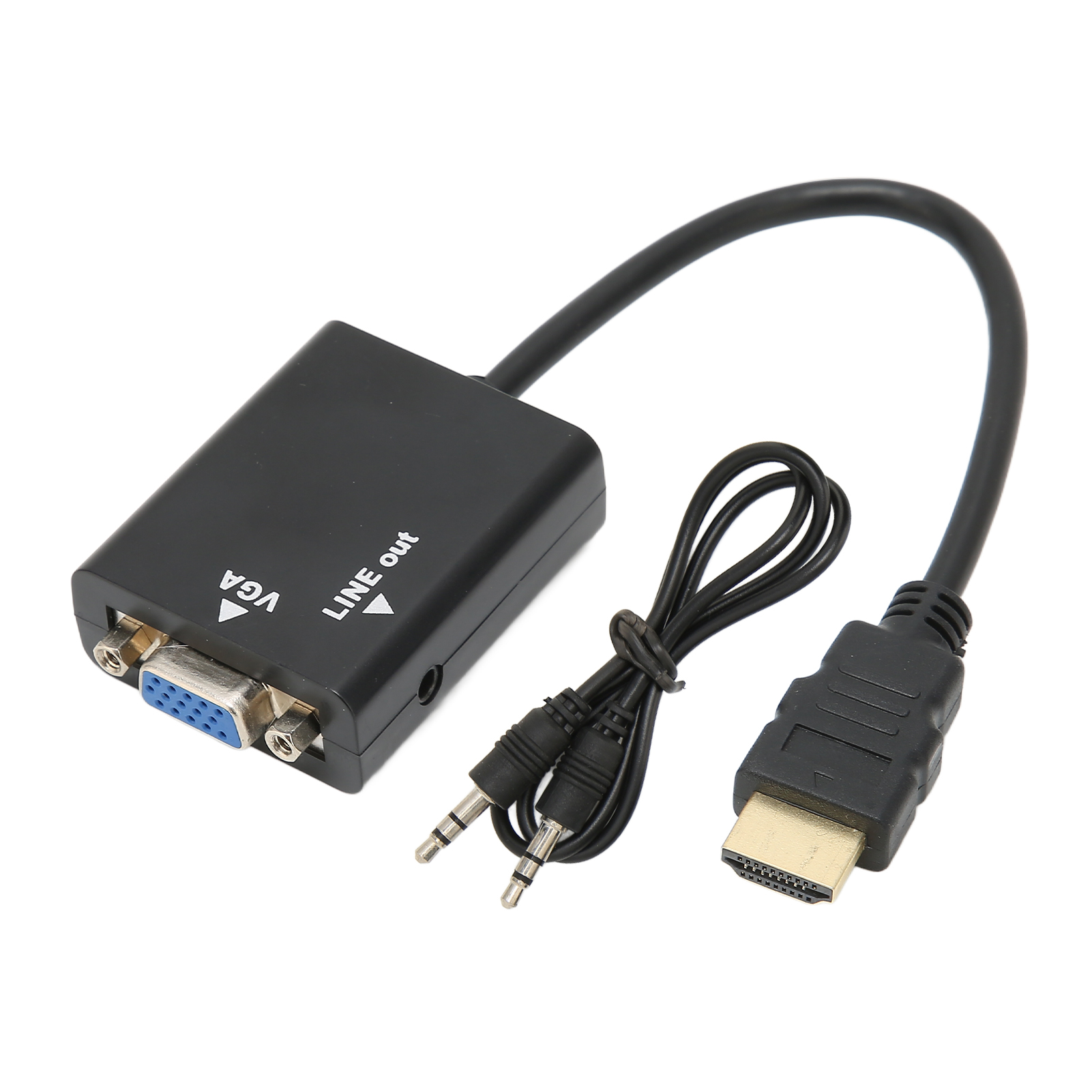 Schwarzer VGA-zu-HDMI-Adapter. Enthält Audiokabel und HDMI-Kabel. VGA-Anschluss ist blau.