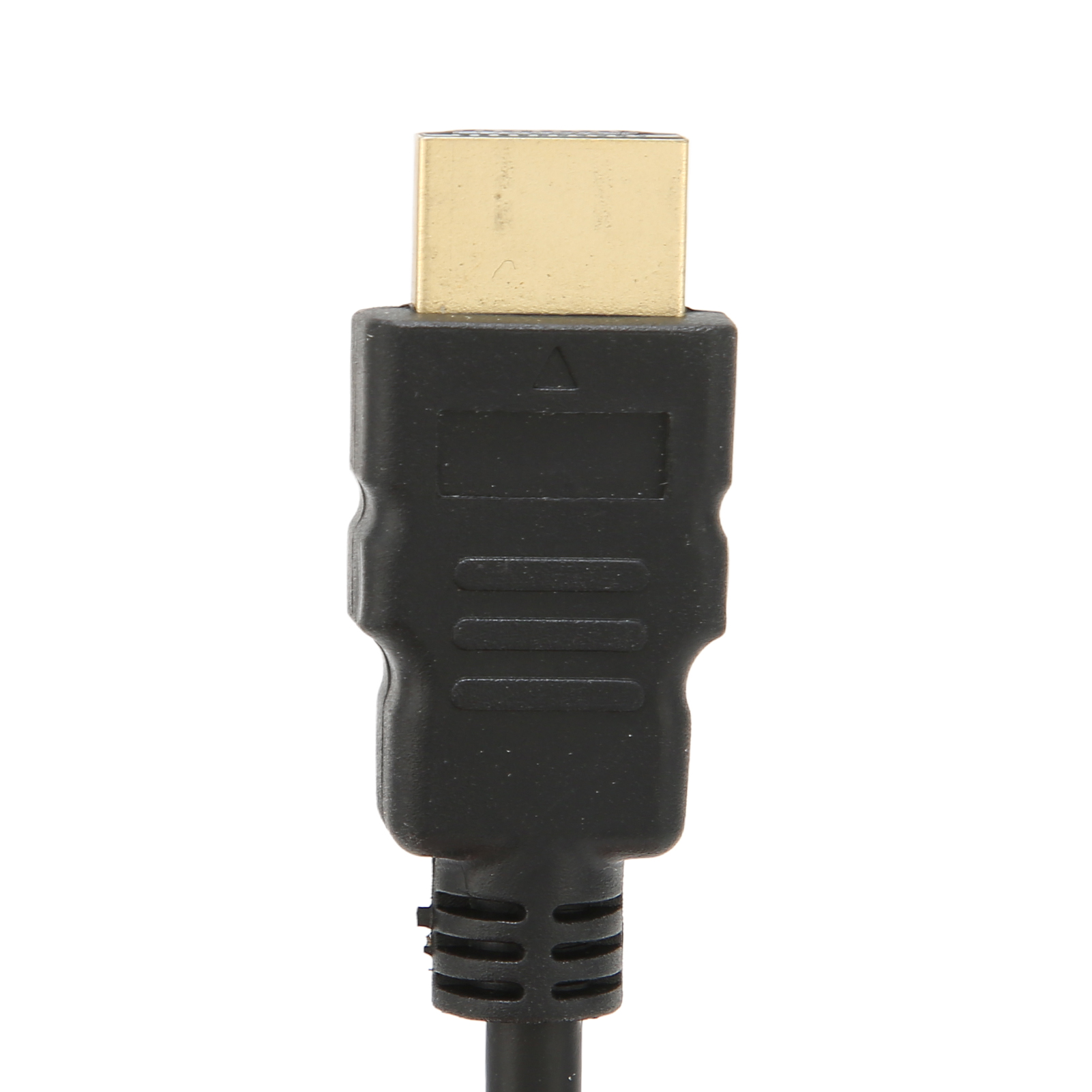 Nahaufnahme eines schwarzen HDMI-Anschlusses mit goldfarbenem Ende. Das Kabel ist vor weißem Hintergrund.