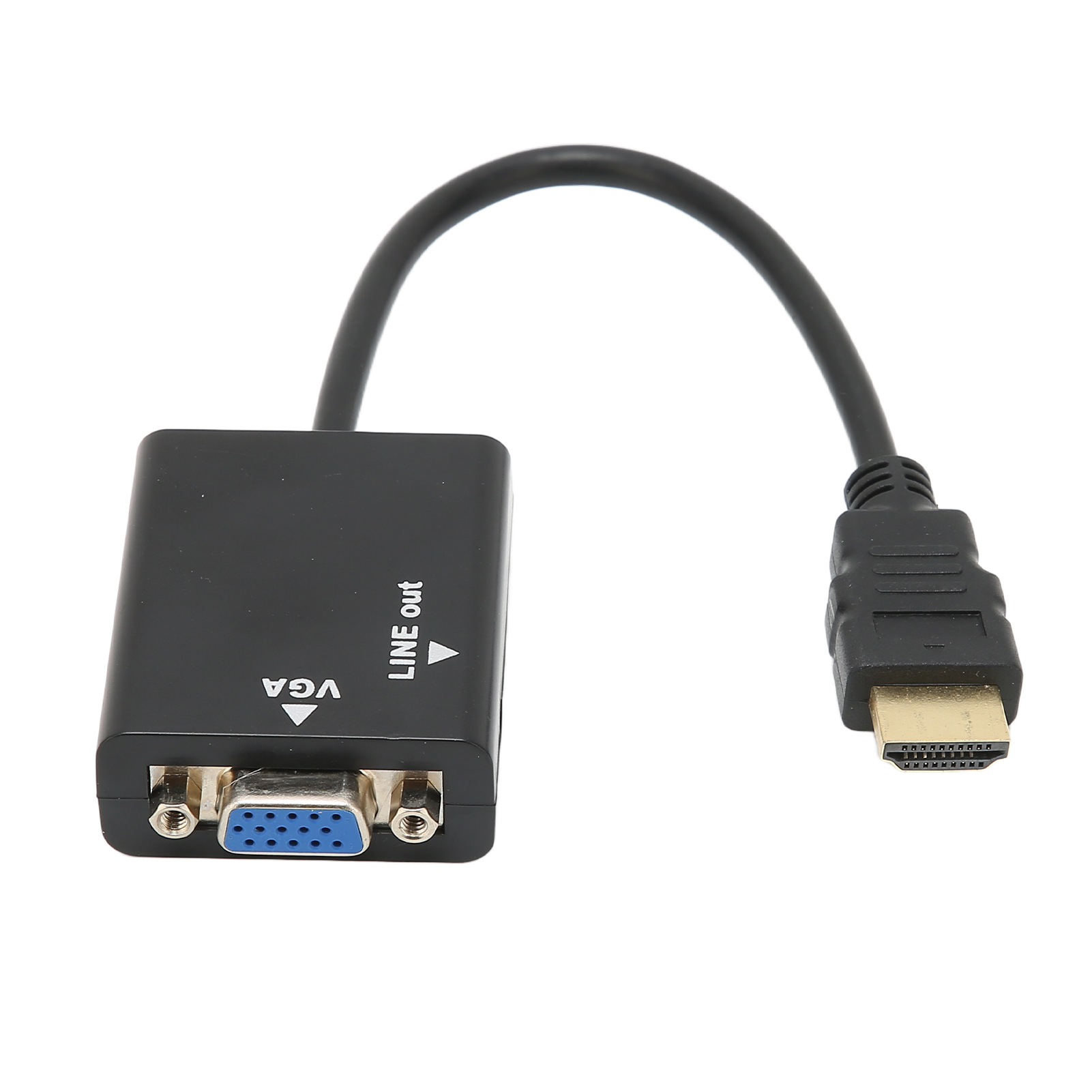 Schwarzes VGA-zu-HDMI-Adapterkabel. Das VGA-Ende ist blau. Das HDMI-Ende ist gold.