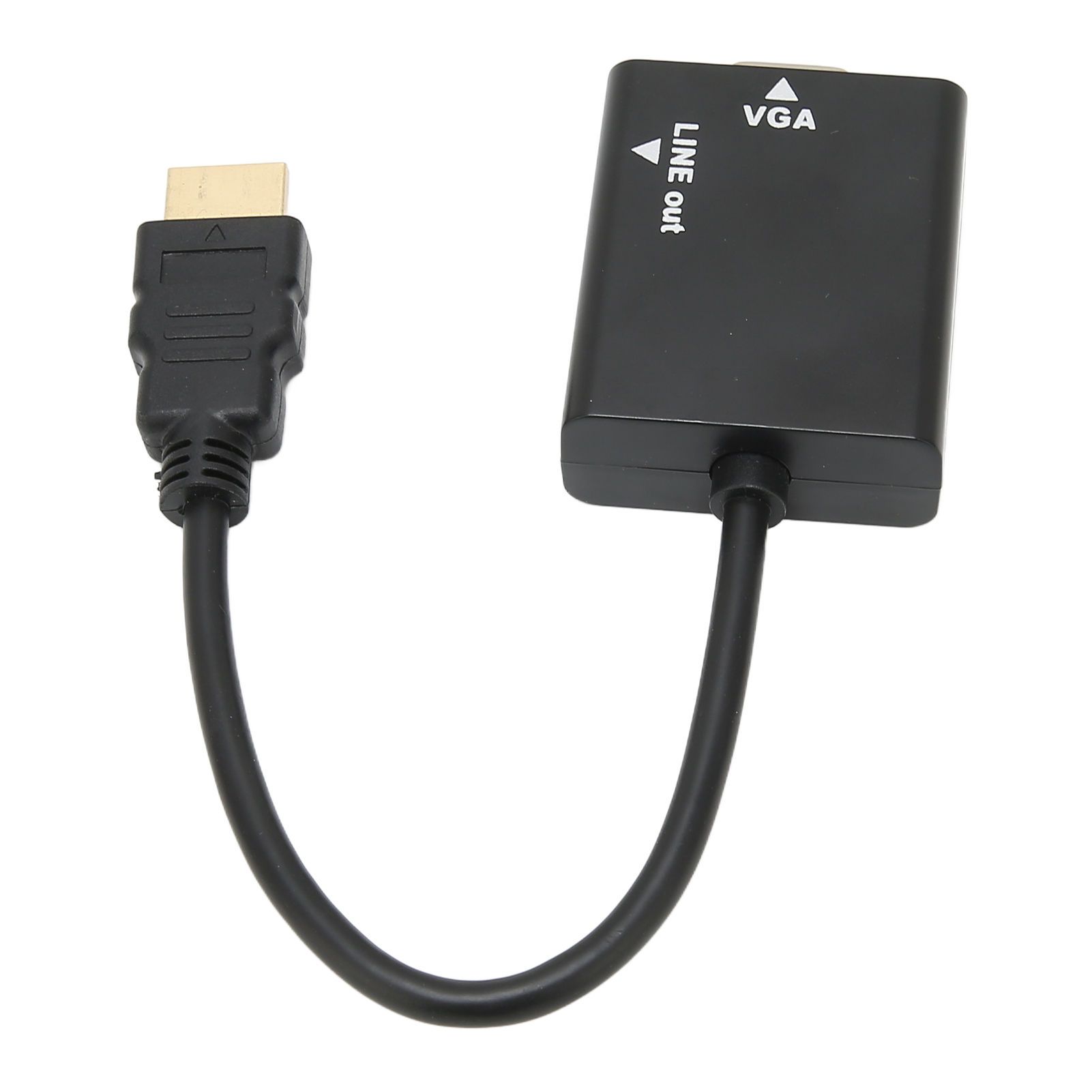 Schwarzer HDMI-zu-VGA-Adapter. Der Adapter hat ein schwarzes Kabel und einen schwarzen Block mit VGA-Ausgang.