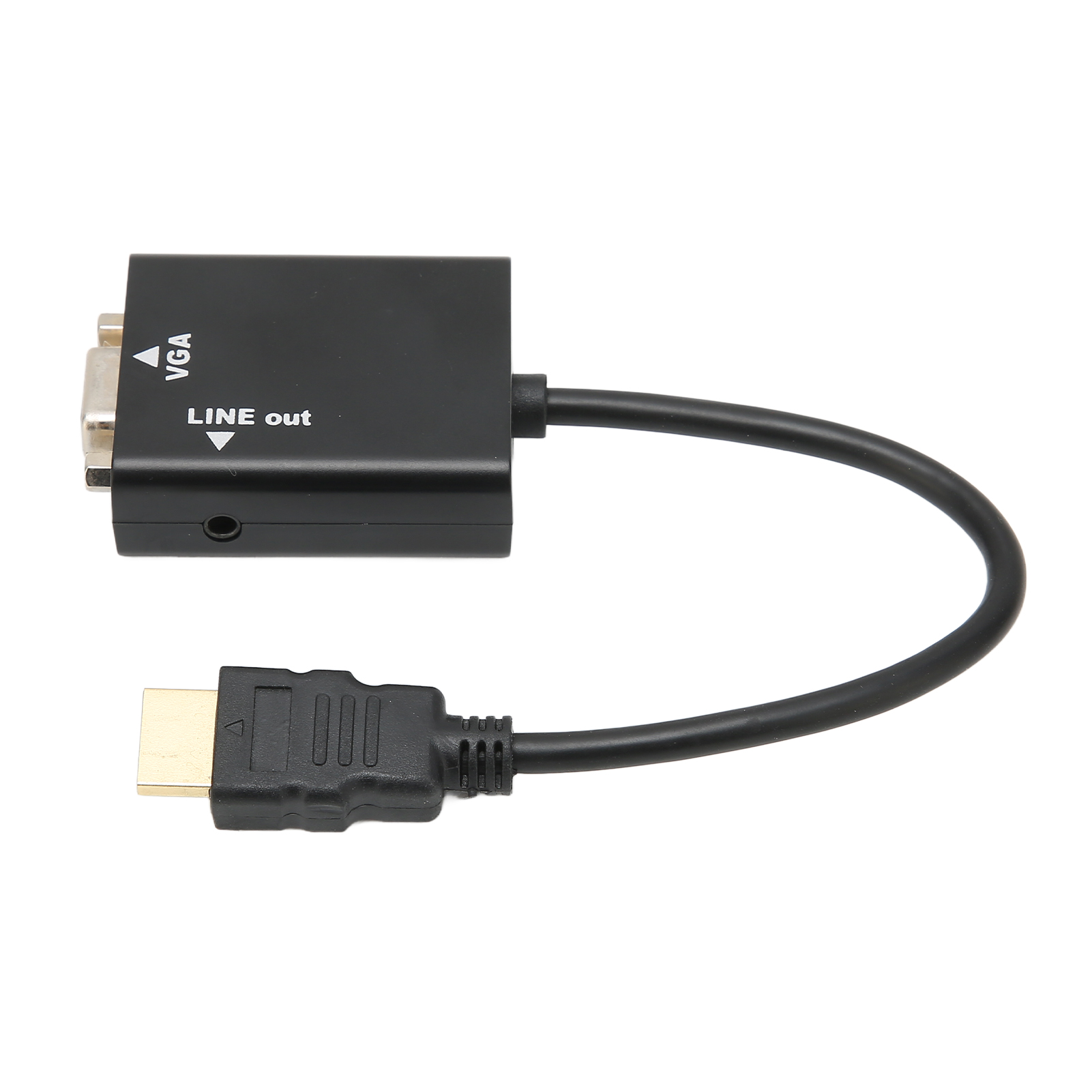 Schwarzer VGA-zu-HDMI-Adapter. Er hat einen VGA-Eingang, einen Line-Out und einen HDMI-Ausgang. Schwarzes Kabel. Weißer Hintergrund.