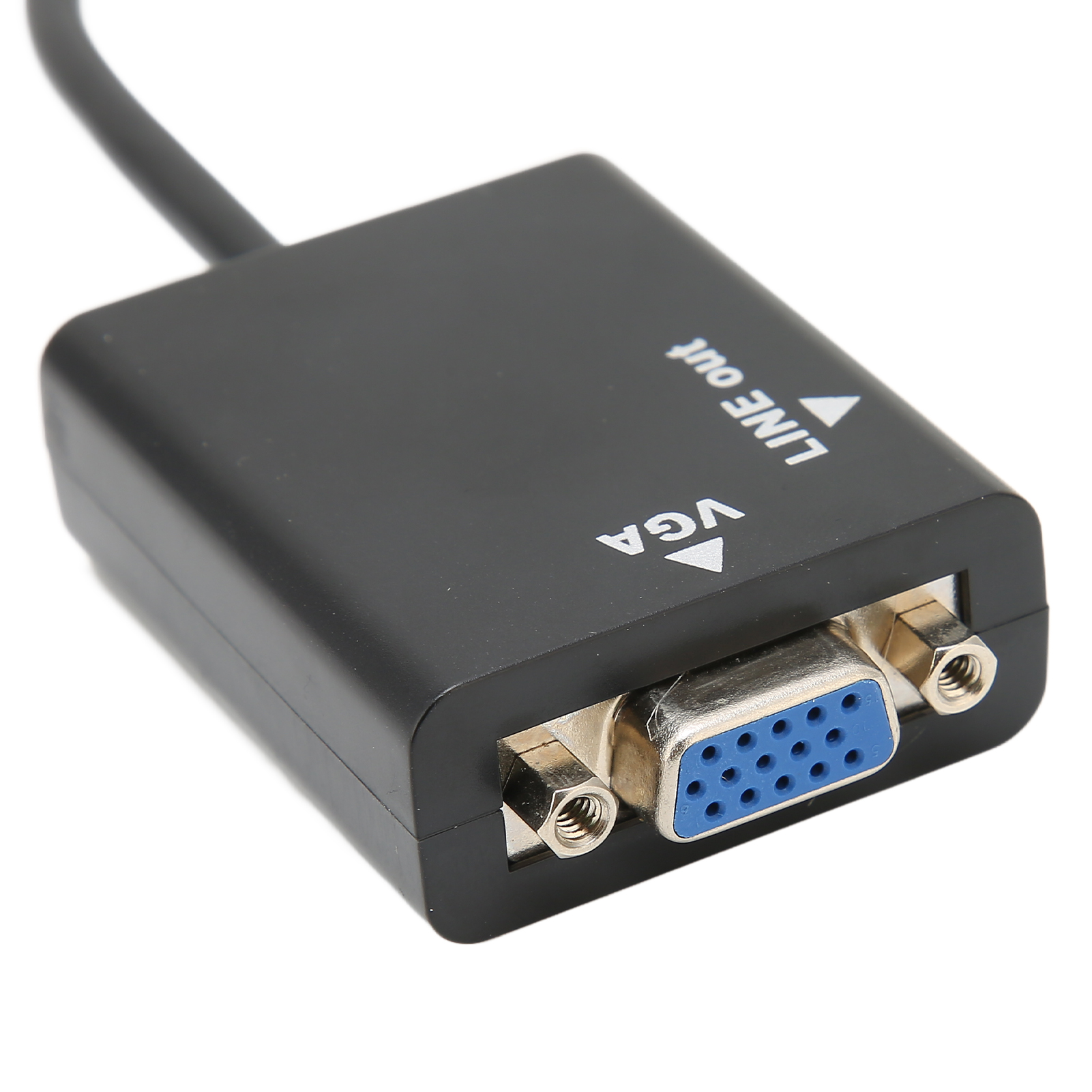 Ein schwarzer VGA-Adapter mit blauem Stecker. Er hat die Aufschriften 'VGA' und 'LINE OUT'. Der Hintergrund ist weiß.