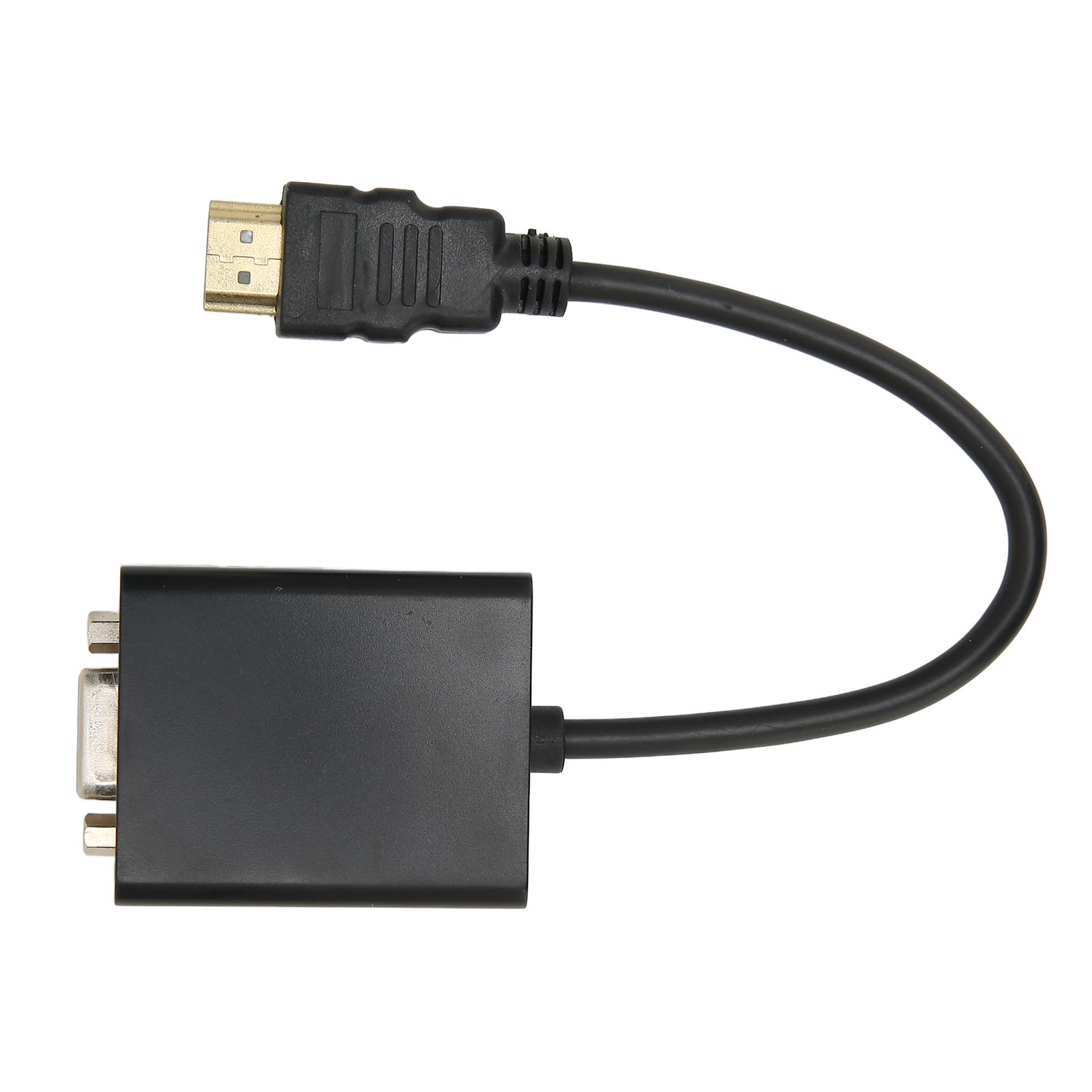Ein HDMI-zu-VGA-Adapter. Er hat eine schwarze Box, ein schwarzes Kabel und einen HDMI-Anschluss oben und einen VGA-Anschluss unten.