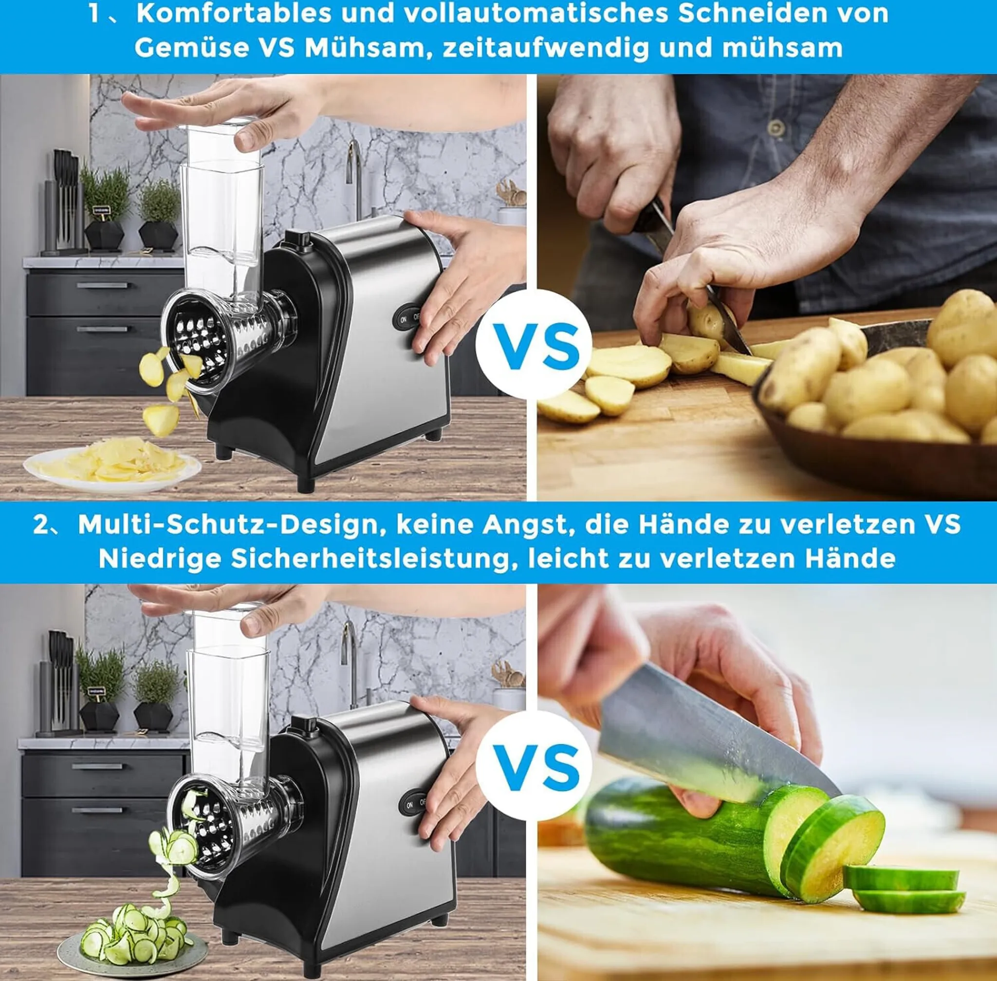 Das Bild zeigt einen Gemüseschneider im Vergleich zum manuellen Schneiden. Kartoffeln und Zucchini werden geschnitten, was den Vergleich zeigt.