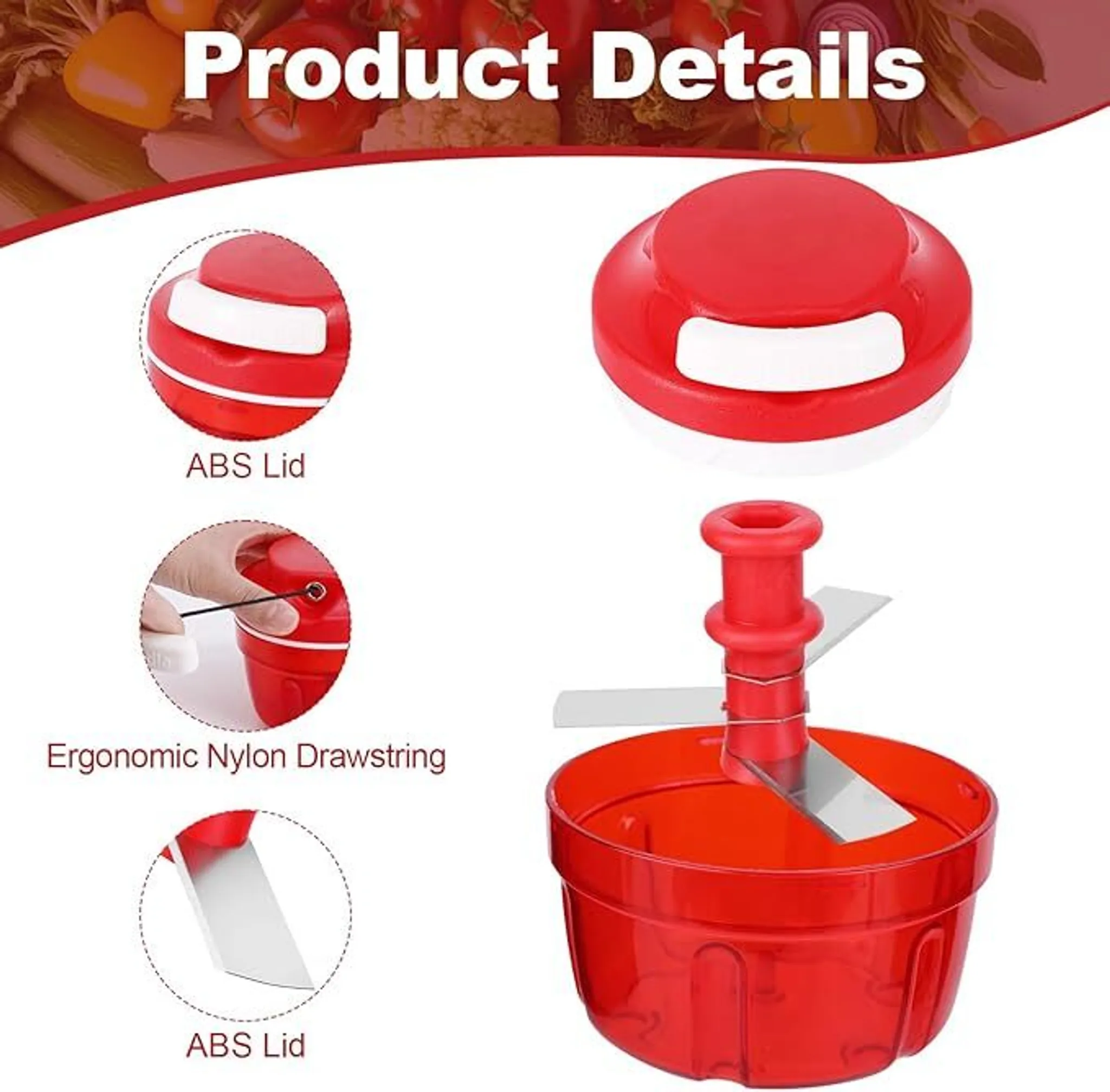 Das Bild zeigt einen roten Zerkleinerer mit Details: ABS-Deckel, ergonomischer Nylonzug und eine Klinge. Produktdetails oben.