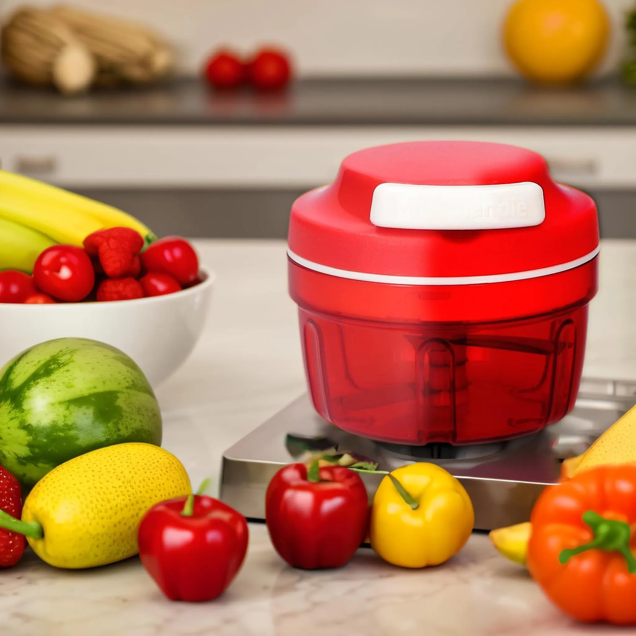 Ein roter Zerkleinerer steht auf einer Theke, umgeben von verschiedenen Früchten. Bananen, Äpfel und eine Wassermelone sind sichtbar.
