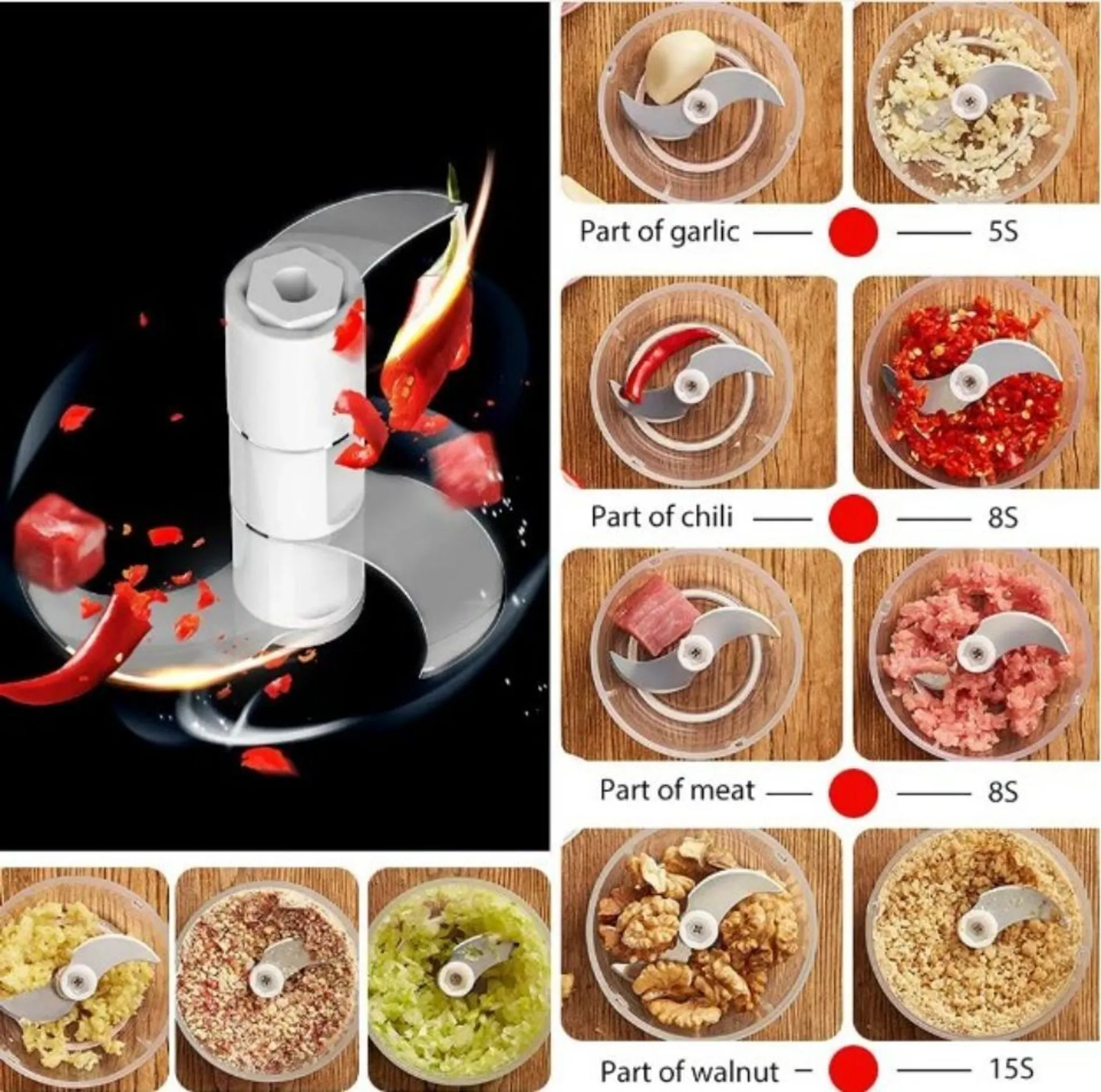 Ein Foodprozessor mit verschiedenen Zutaten: Knoblauch, Chili, Fleisch und Walnuss, unterschiedlich verarbeitet.