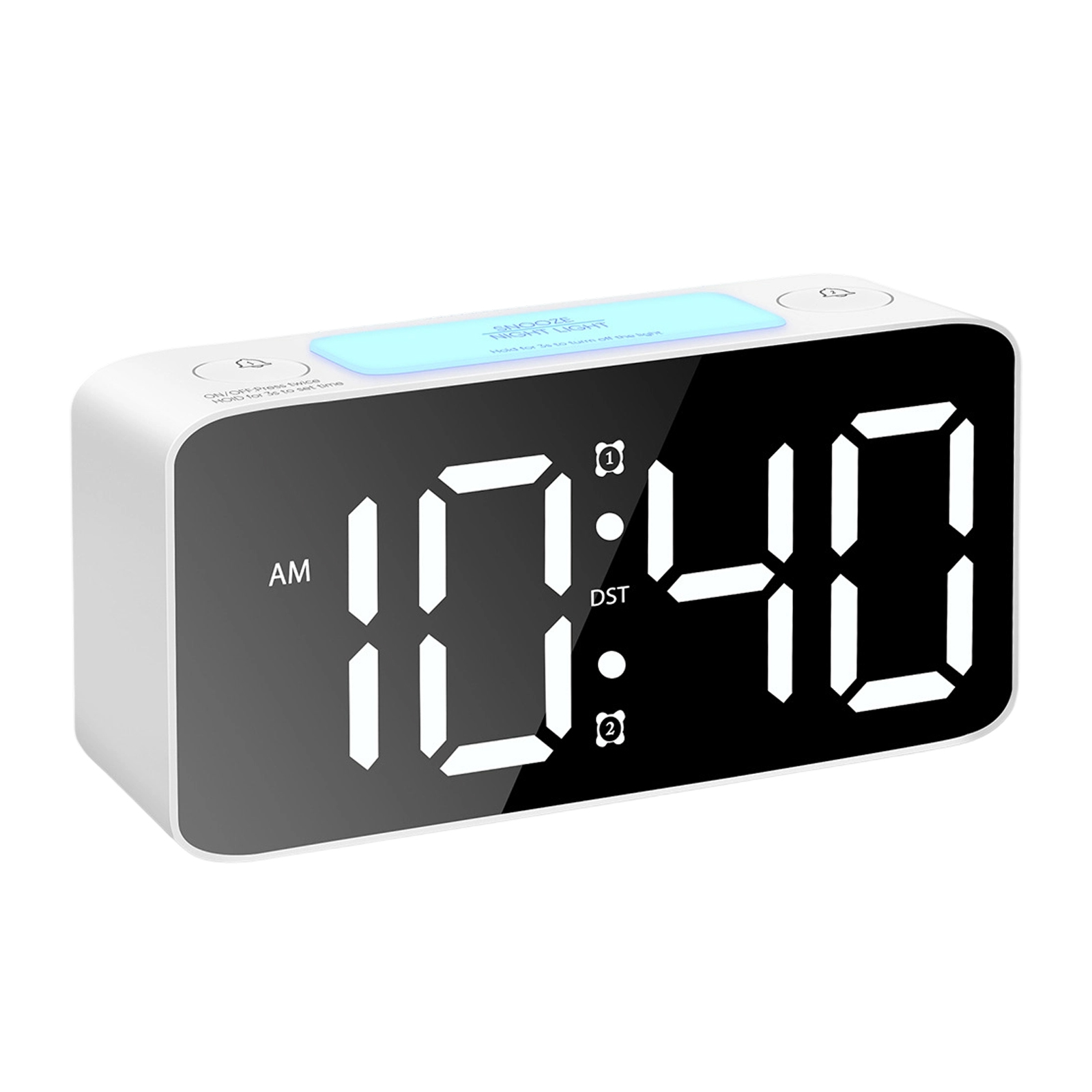 Weißer digitaler Wecker mit der Anzeige 10:40 Uhr. Mit Schlummer-, Lichttasten und einem blauen Lichtbalken.