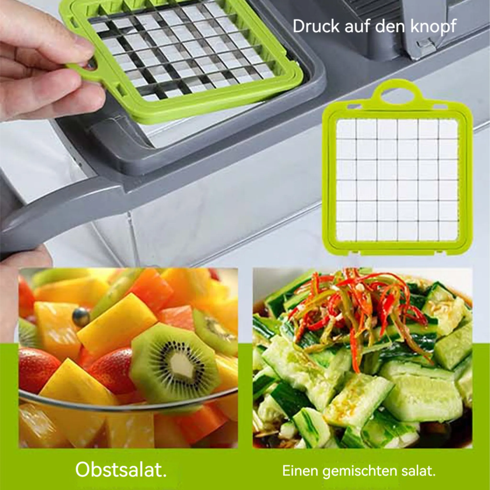 Eine Person, die einen grünen Gemüseschneider benutzt. Es gibt zwei Salate, einen Obstsalat und einen Gurkensalat.