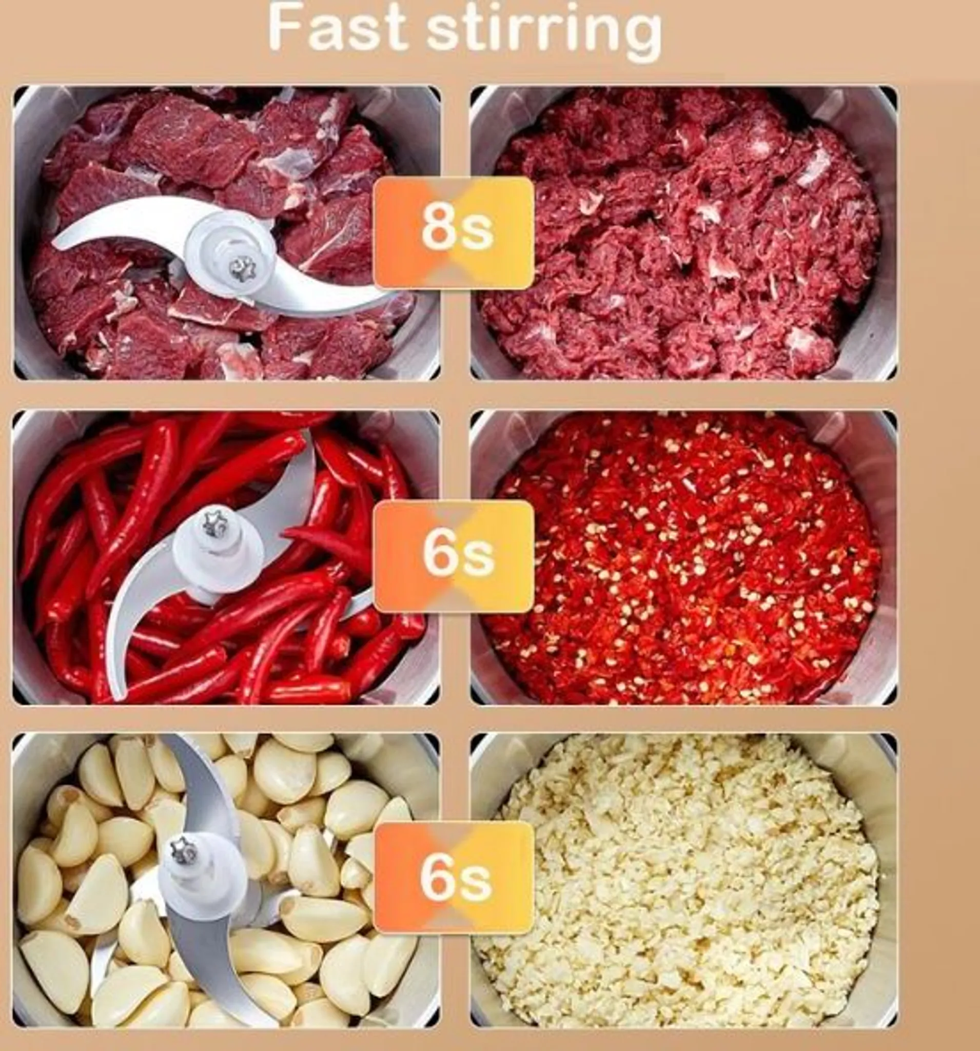 Bilder zeigen die Lebensmittelverarbeitung. Rindfleisch, Chilischoten und Knoblauch werden von einer Klinge in einem Behälter zerkleinert.