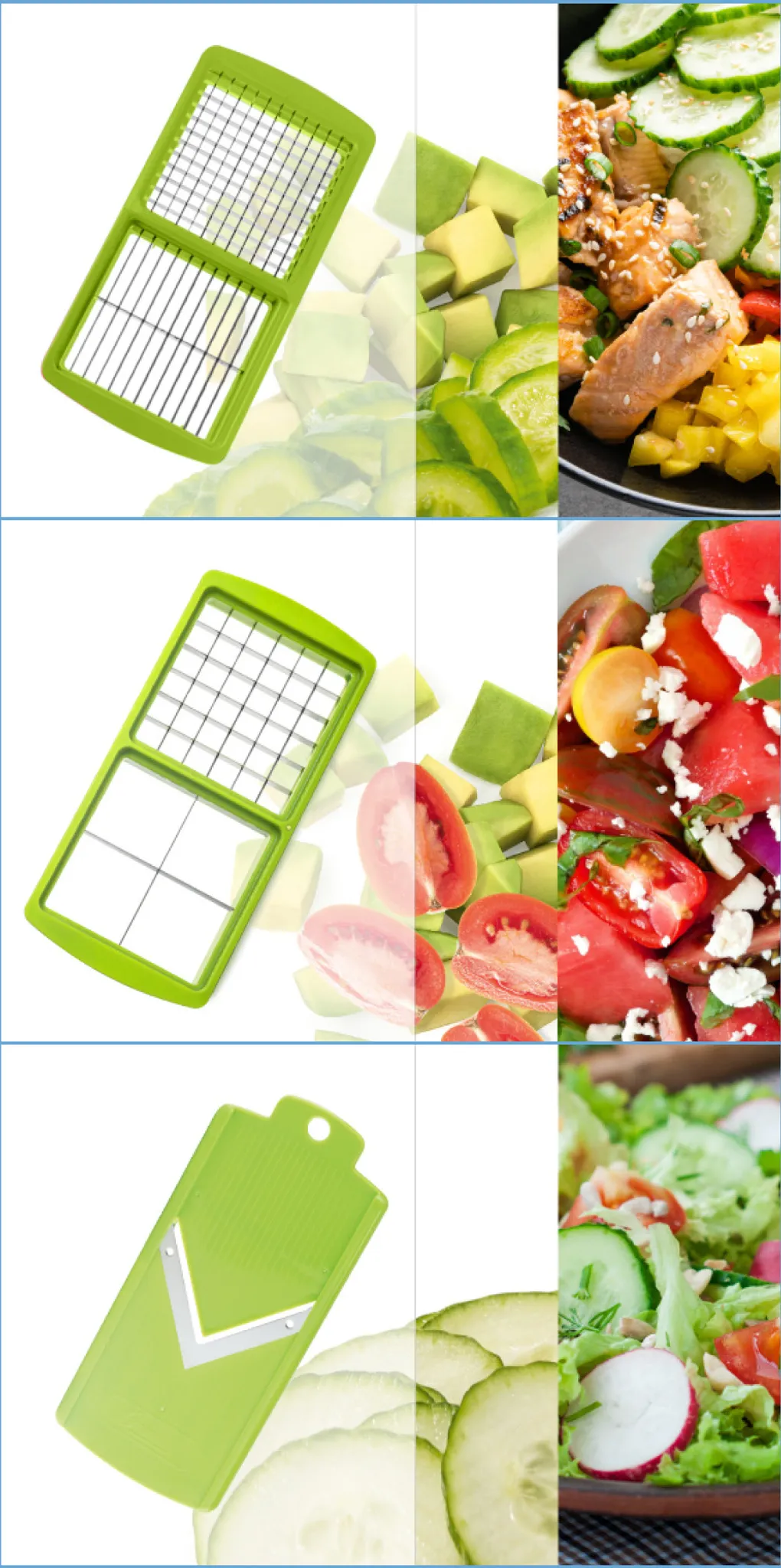 Grüner Gemüseschneider. Gehackte Avocado und Gurke in der Mitte. Salat mit Lachs und Gemüse rechts.
