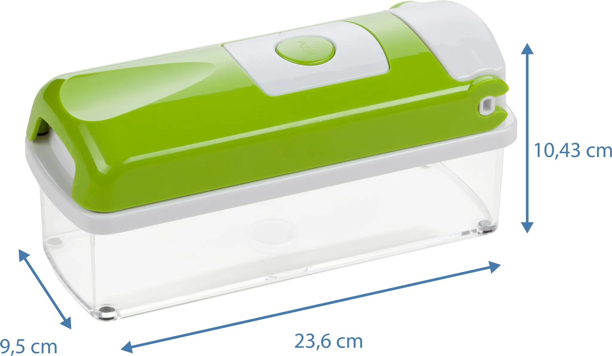 Ein grüner und weißer Zerkleinerer mit einem transparenten Behälter. Abmessungen: 23,6 cm lang, 9,5 cm breit und 10,43 cm hoch.