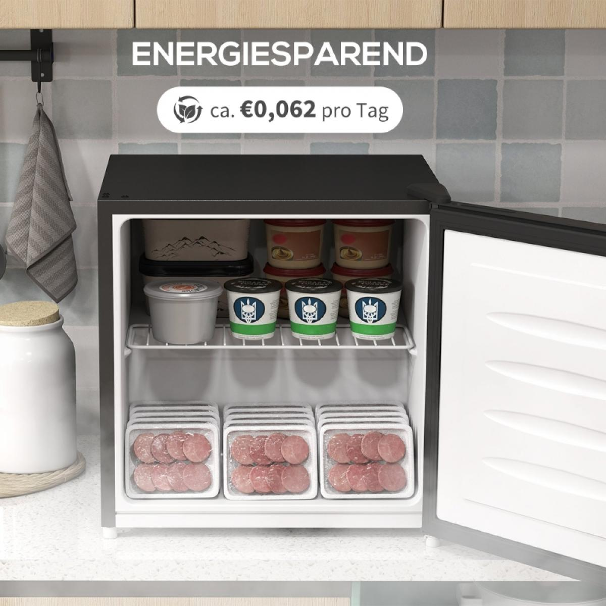 Offener Mini-Kühlschrank gefüllt mit Lebensmitteln. Enthält Joghurt, Fleisch und andere Artikel. Text oben: Energiesparend.