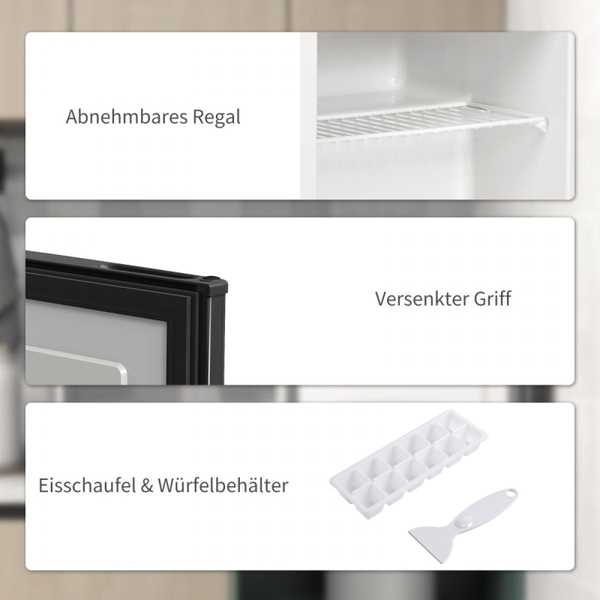 Das Bild zeigt Teile eines Kühlschranks: ein Regal, einen versenkten Griff und eine Eiswürfelschale mit einem Schöpfer.