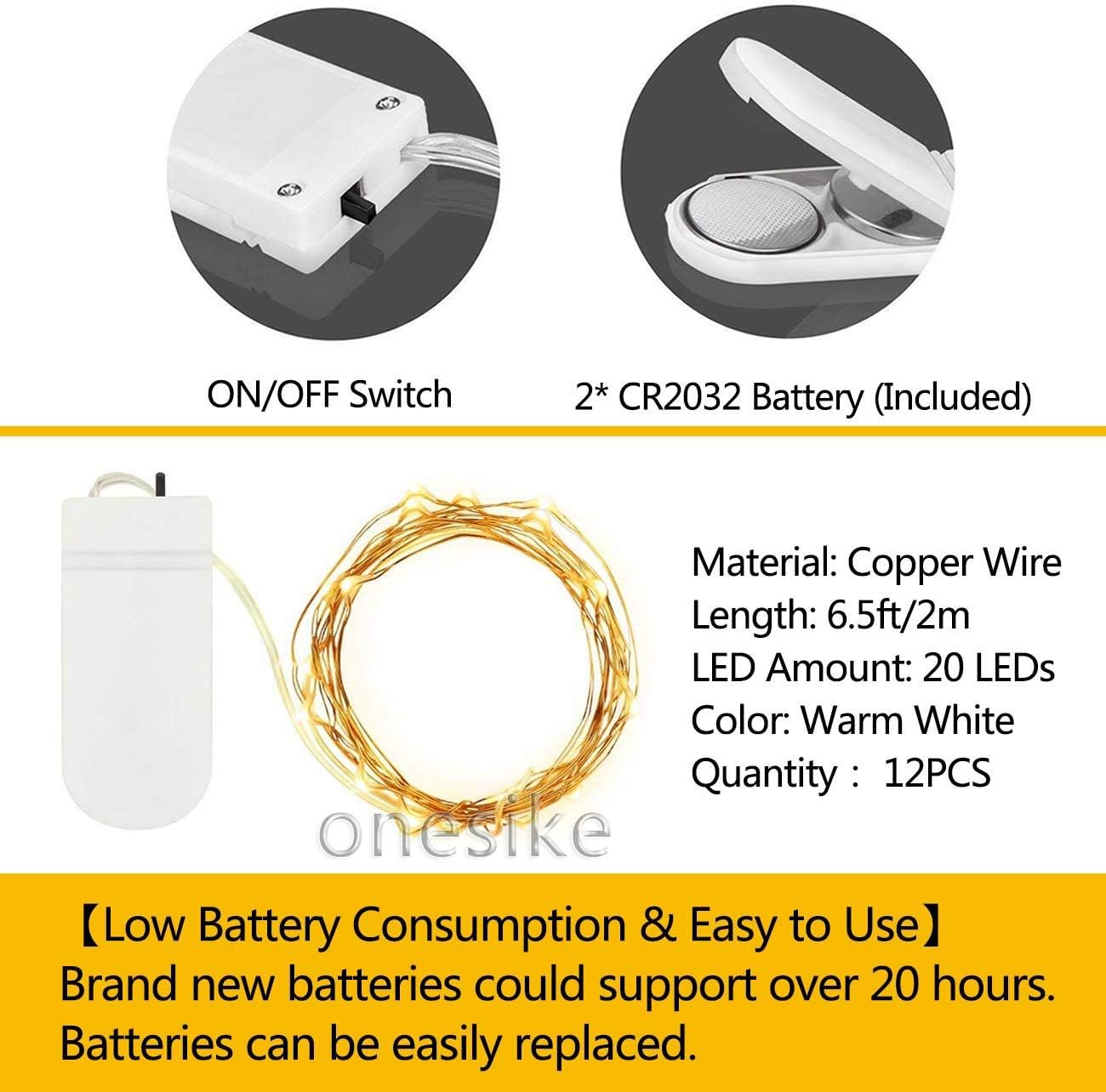 Das Bild zeigt einen weißen Ein/Aus-Schalter, ein Batteriefach, Kupferdrahtlichter und Text, der die Produktmerkmale beschreibt.