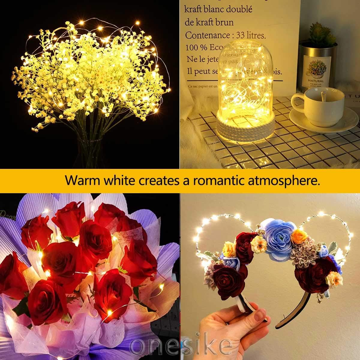 Das Bild zeigt verschiedene Artikel mit Lichterketten: Blumen, eine Glaskuppel, Rosen und ein Blumenstirnband. Warmweiß schafft eine romantische Atmosphäre.