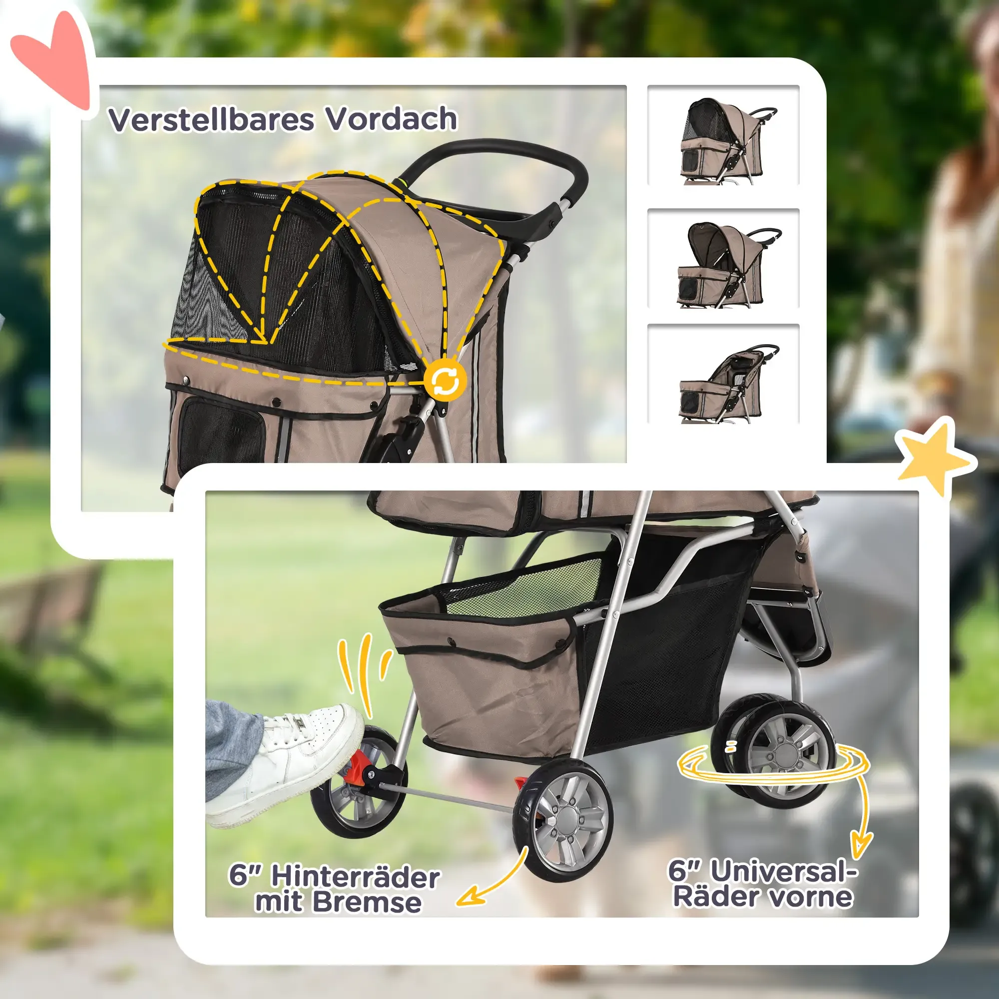 Ein beigefarbener Haustier-Kinderwagen mit verstellbarem Verdeck und Aufbewahrungskorb. Merkmale umfassen Hinterradbremsen und Vorderräder.