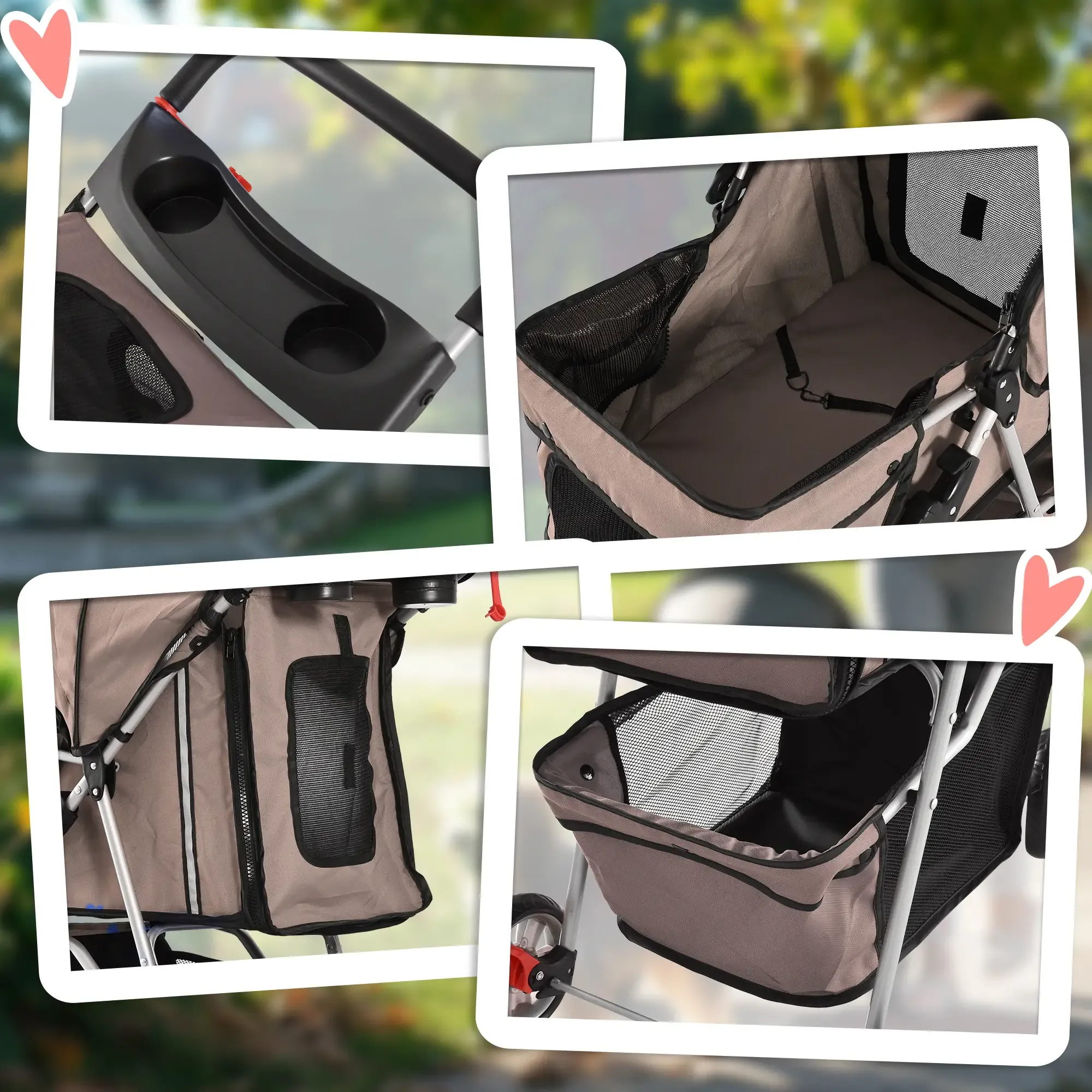 Ein Haustier-Kinderwagen in vier Nahaufnahmen. Er hat beigen Stoff, schwarzes Netz und einen Getränkehalter. Der Hintergrund ist unscharf grün.