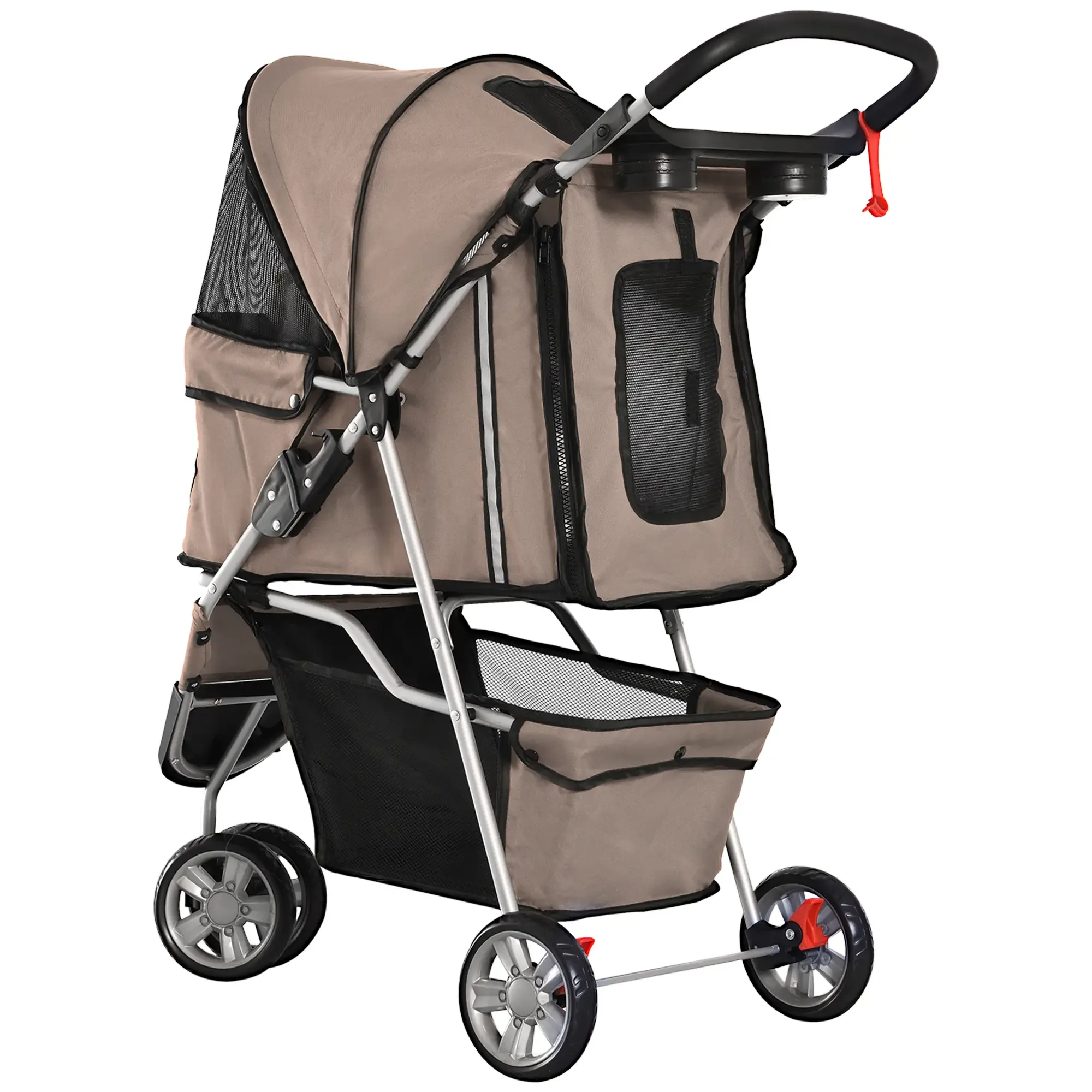 Beigefarbener Tier-Kinderwagen mit schwarzen Akzenten. Er hat Netztüren, einen Aufbewahrungskorb und vier Räder. Der Griff ist schwarz.