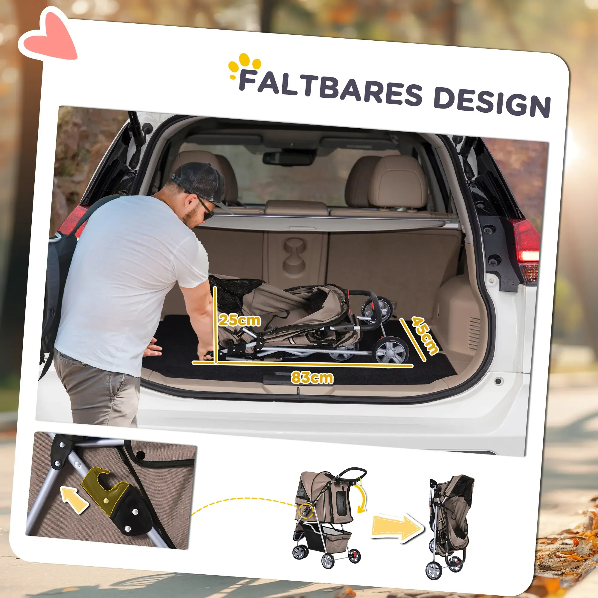 Ein Mann lädt einen zusammengeklappten Tierkinderwagen in ein Auto. Der Kinderwagen ist beige und das Auto weiß. Abmessungen: 25 cm, 45 cm und 83 cm.