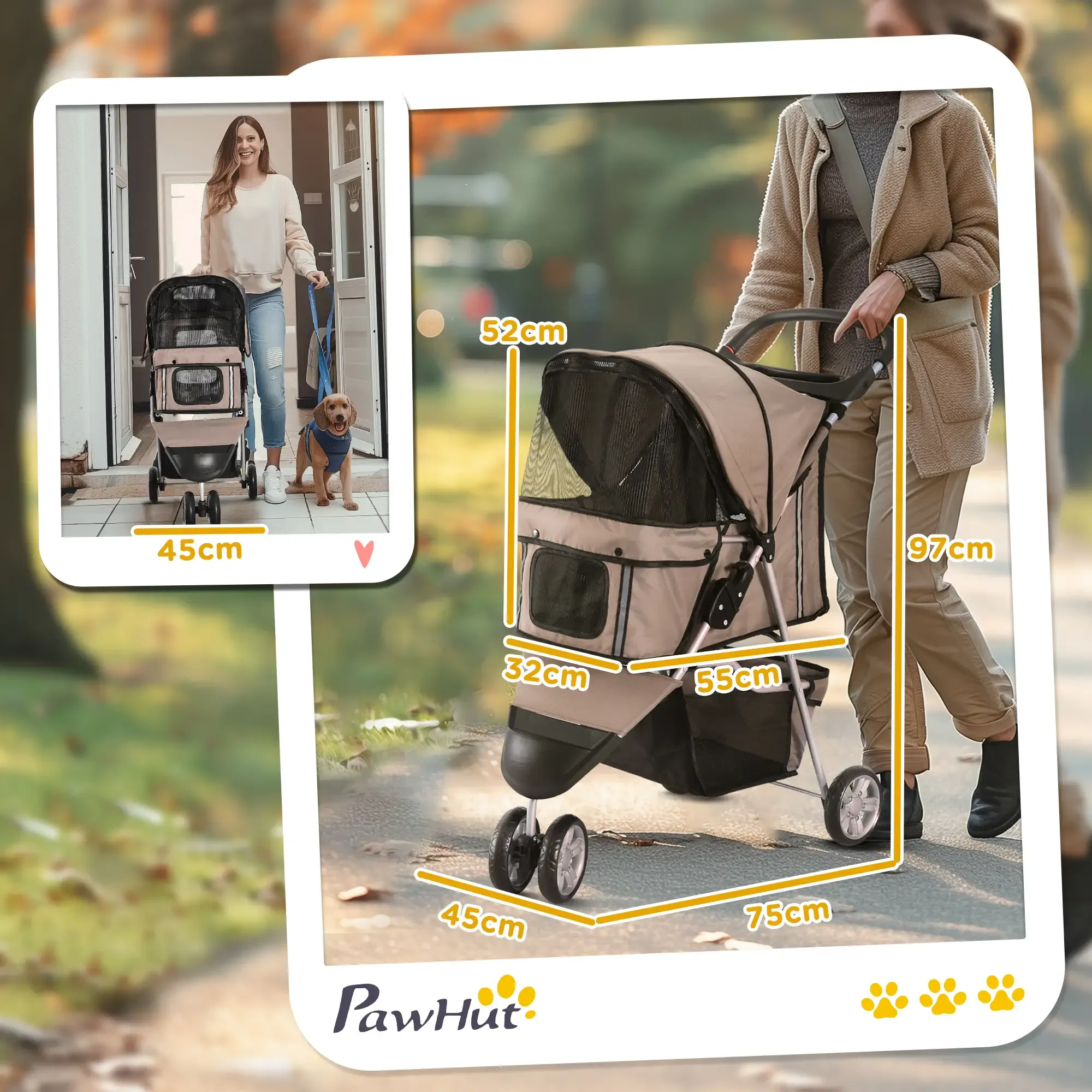 Das Bild zeigt einen Hunde-Kinderwagen mit Maßen. Menschen gehen mit dem Kinderwagen und einem Hund spazieren.