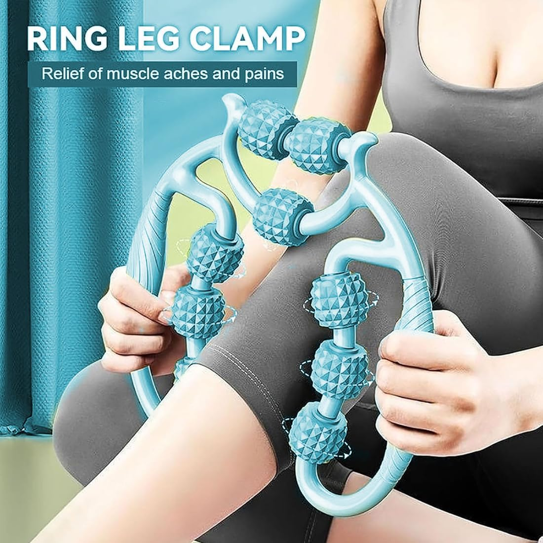 Eine Frau benutzt ein blaues Bein-Clamp-Massagegerät an ihrem Bein. Das Gerät hat Rollen. Der Text lautet 'Ring Leg Clamp' und 'Relief of muscle aches and pains'.