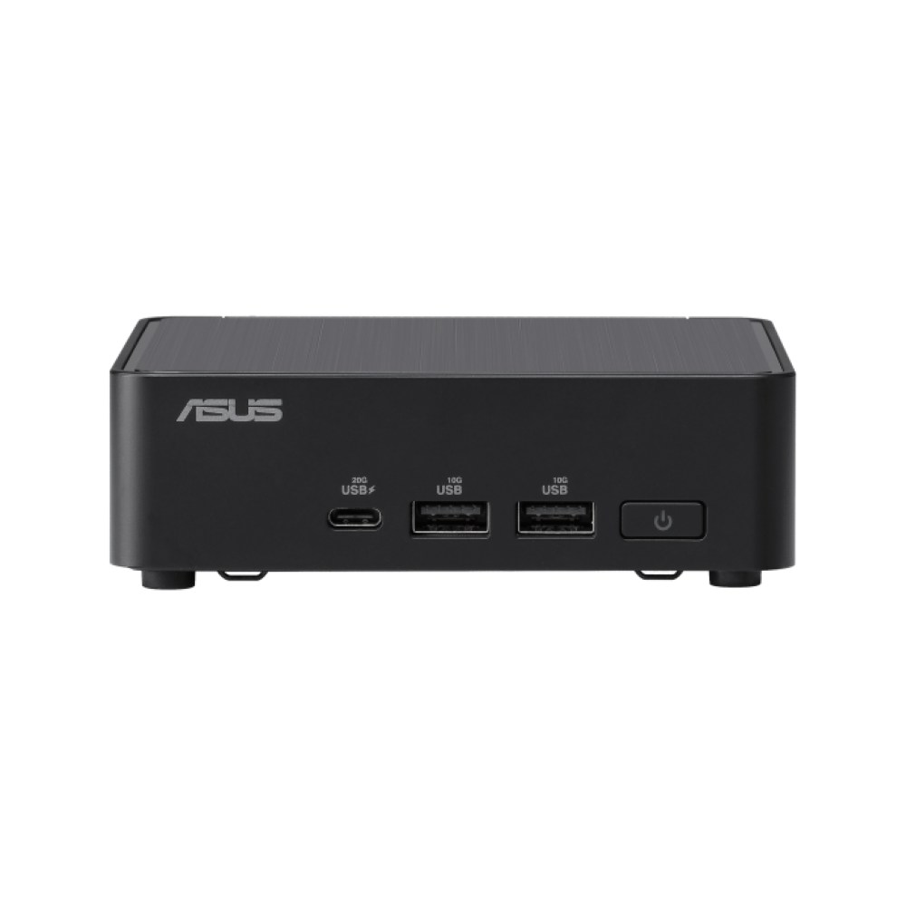 Schwarzer ASUS Mini-PC mit USB-Anschlüssen und Ein-/Aus-Taste. Die Frontplatte hat USB-C- und USB-A-Anschlüsse mit Geschwindigkeitsangaben.
