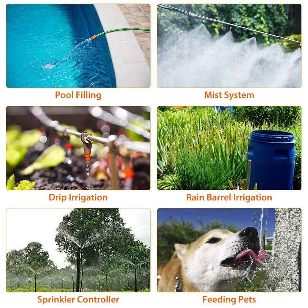 Sechs Bilder zeigen verschiedene Wassernutzungen: Poolbefüllung, Nebelsystem, Tropfbewässerung, Regentonne, Sprinkleranlage und ein trinkender Hund.