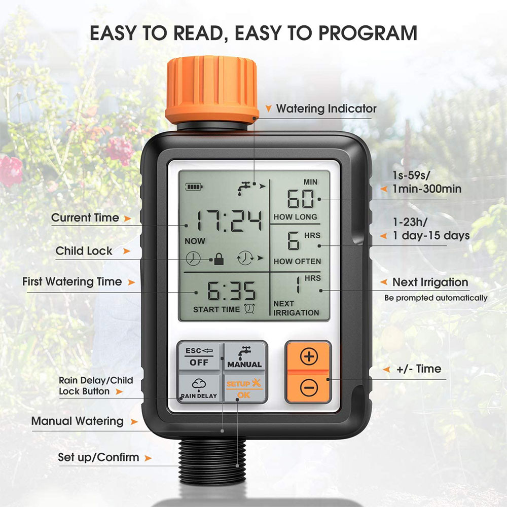 Ein digitaler Wasserzeitschalter mit orangefarbenem Oberteil, der Zeit und Einstellungen anzeigt. Etiketten zeigen Funktionen wie 'Current Time', 'Child Lock'.
