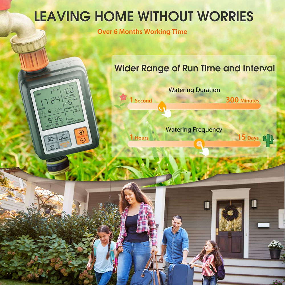 Eine Familie geht mit Gepäck aus ihrem Haus. Ein Sprinkler-Timer wird mit Optionen für Bewässerungsdauer und -frequenz angezeigt.