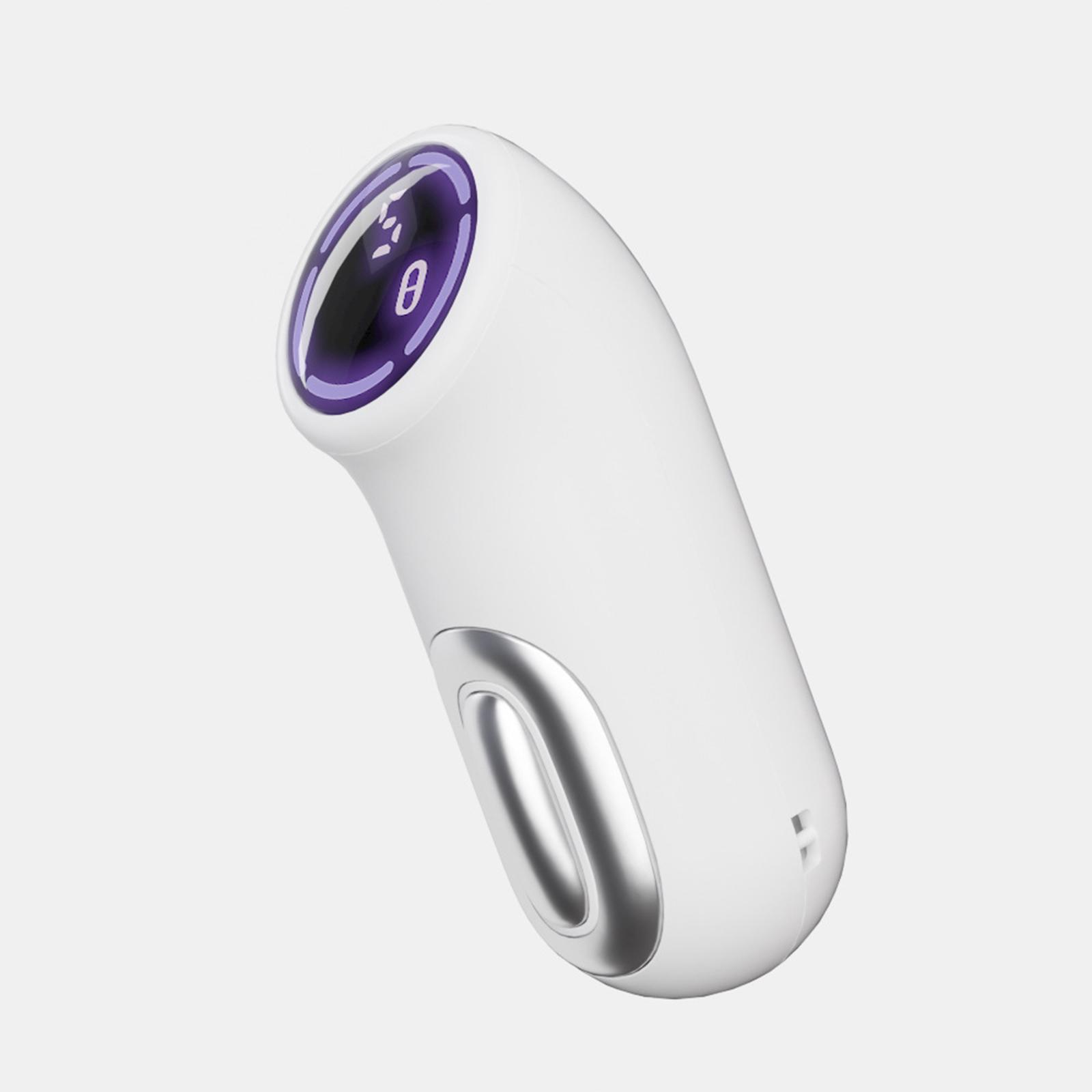 Ein weißes Handgerät mit einem violett umrandeten Display, das eine Zahl anzeigt. Es hat einen silbernen Akzent und ein geschwungenes Design.