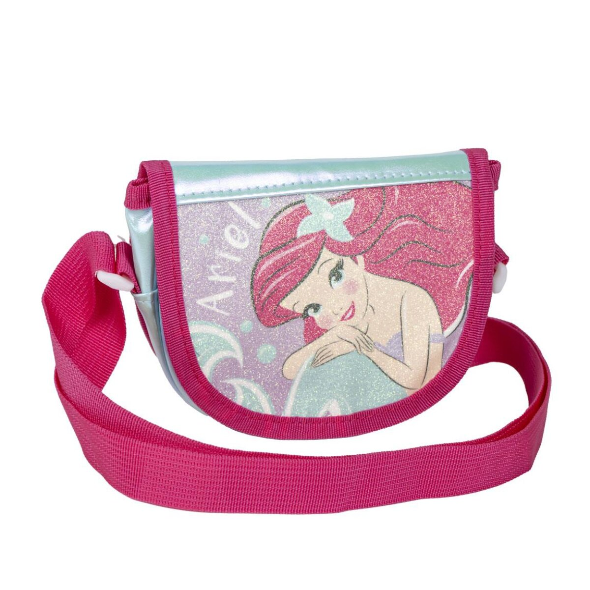Ariel-Geldbörse mit rosa Riemen. Ariel ist auf der Vorderseite mit rosa Haaren und einer Blume abgebildet. Die Geldbörse ist rosa und hellblau.