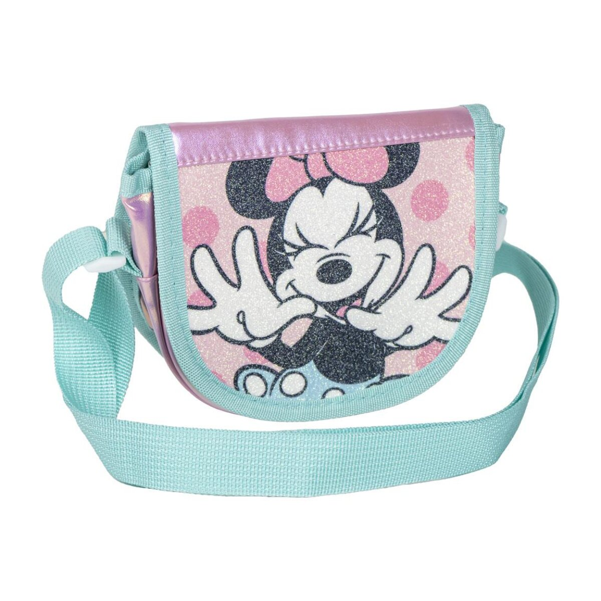 Eine rosa Minnie-Maus-Geldbörse mit hellblauem Riemen. Minnie lächelt und winkt. Die Geldbörse hat rosa Tupfen und eine lila Klappe.