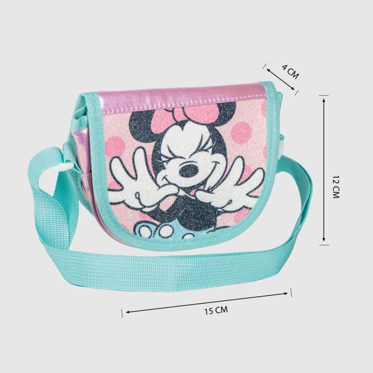 Eine rosa Minnie Maus-Geldbörse mit blauem Riemen. Die Maße sind 15 cm x 12 cm x 4 cm. Die Geldbörse hat ein Cartoon-Minnie-Design.