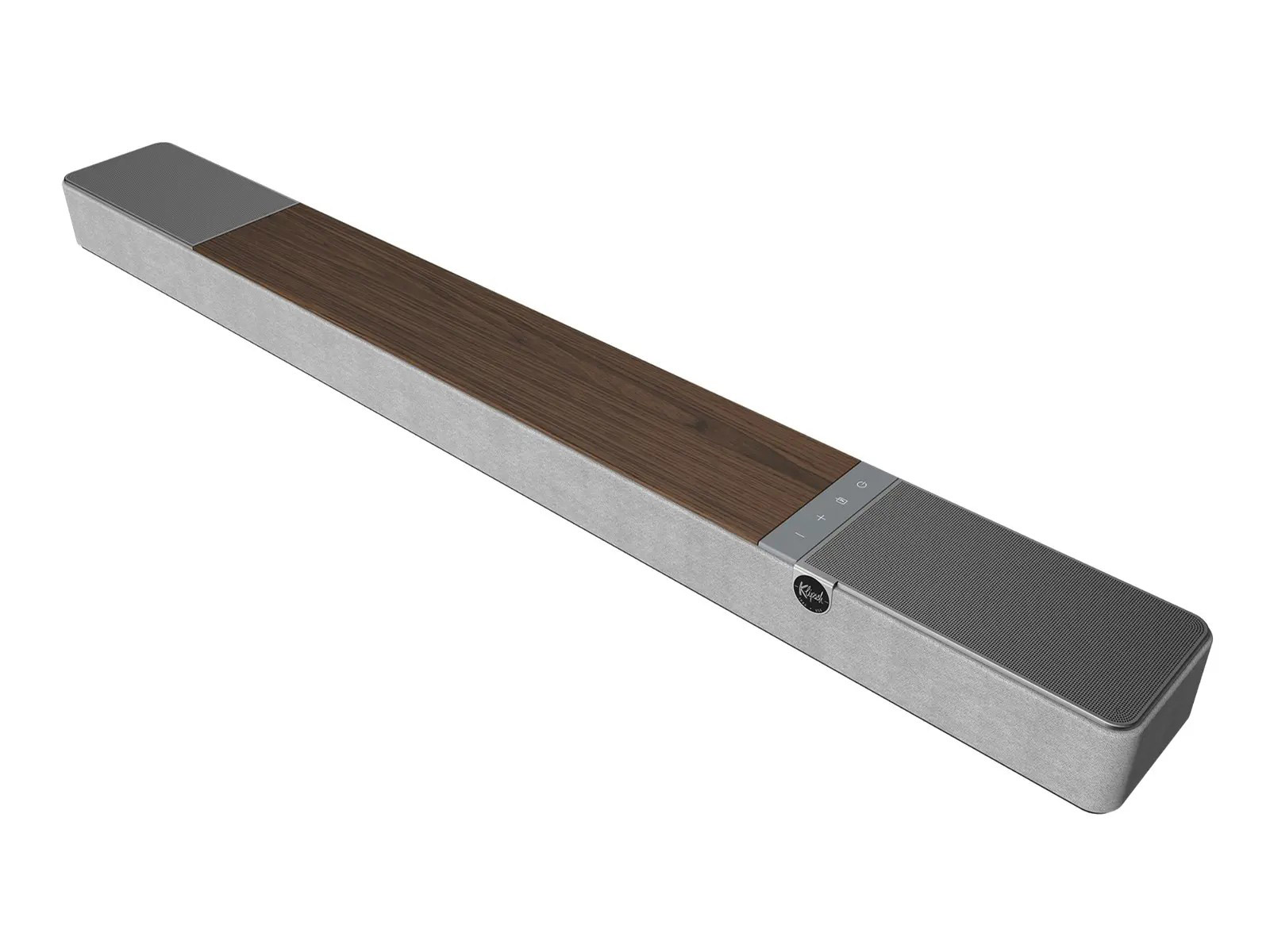 Eine lange, rechteckige Soundbar mit einem Mittelteil in Holzmaserung, grauen Seiten und einem Mesh-Lautsprecher an den Enden. Das Klipsch-Logo ist sichtbar.